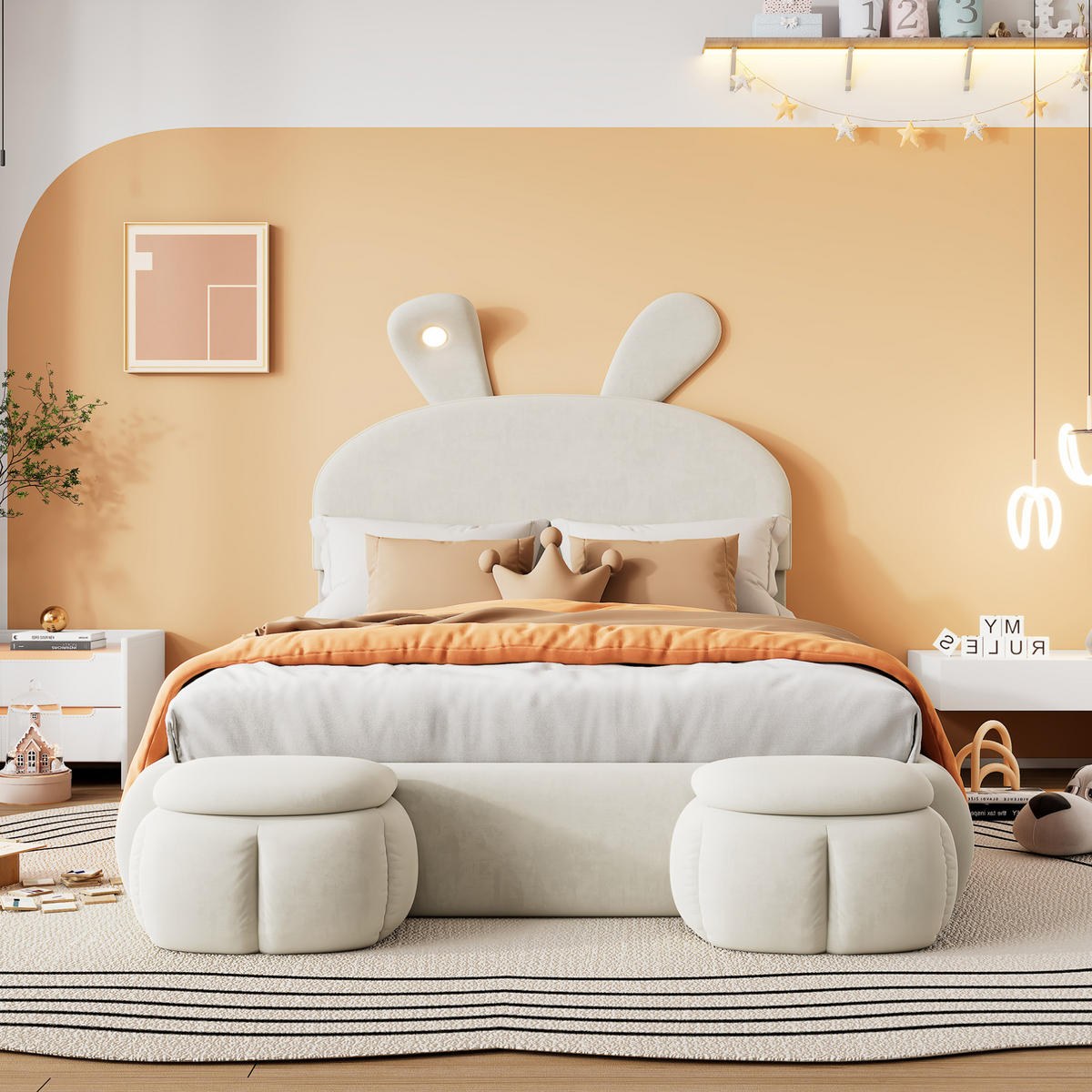 POLSTERBETT mit Stauraum 140x200 cm Samt Beige inkl. 2 Hocker - Beige, Metall (140/200cm) - Meubliv