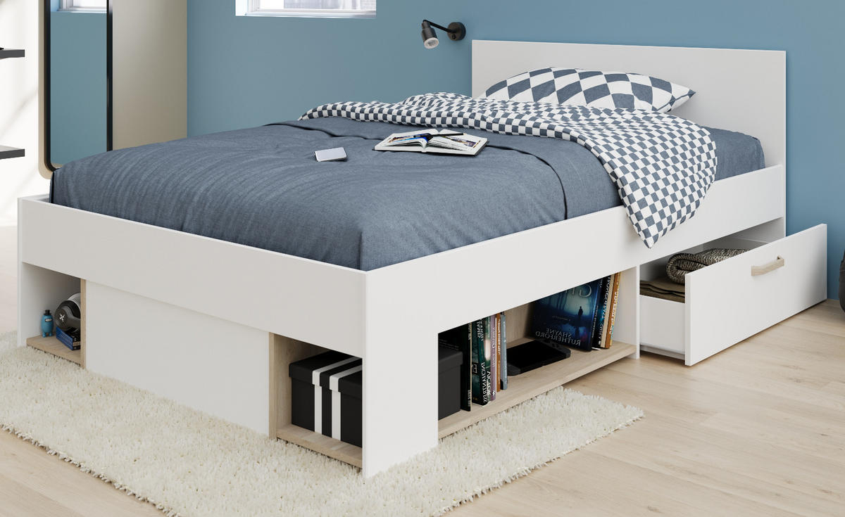 STAURAUMBETT weiß, Eiche Liegefläche 120 x 200 cm, Bett inklusive Bettschubkasten - Eichefarben/Weiß, Holzwerkstoff/Metall (120/200cm) - Parisot Meuble