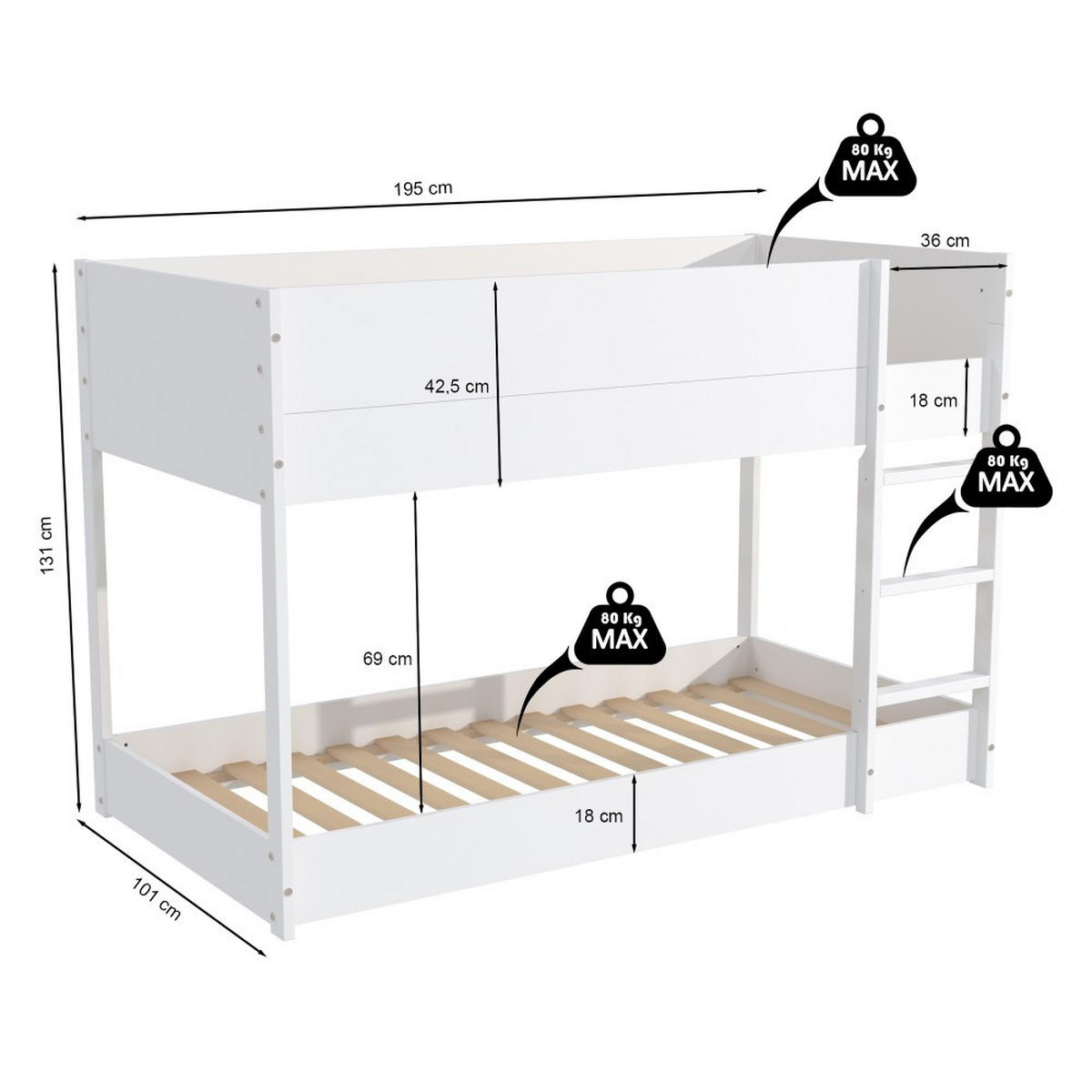 ETAGENBETT BOB / 90x190cm - Weiß - Weiß, Holz (90/190cm) - Weber Industries