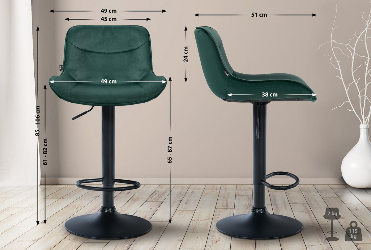 BARHOCKER 2er Set Samt grün - Schwarz/Grün, Textil/Metall (49/85/51cm) - CLP