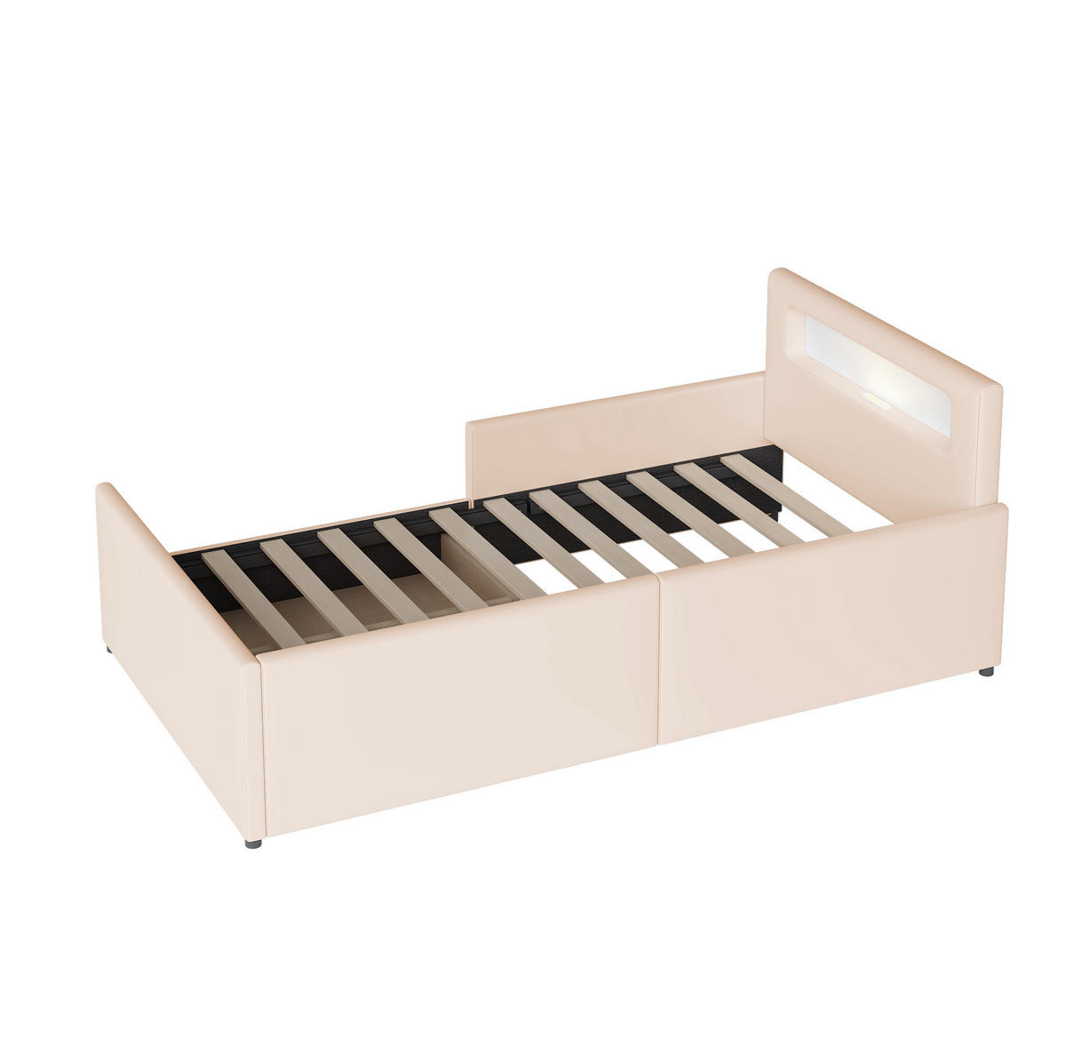 KINDEREINZELBETTEN aus Kunstleder 90x200 cm in Beige mit USB & Nachtlicht - Beige, Leder (90/200cm) - Modfu