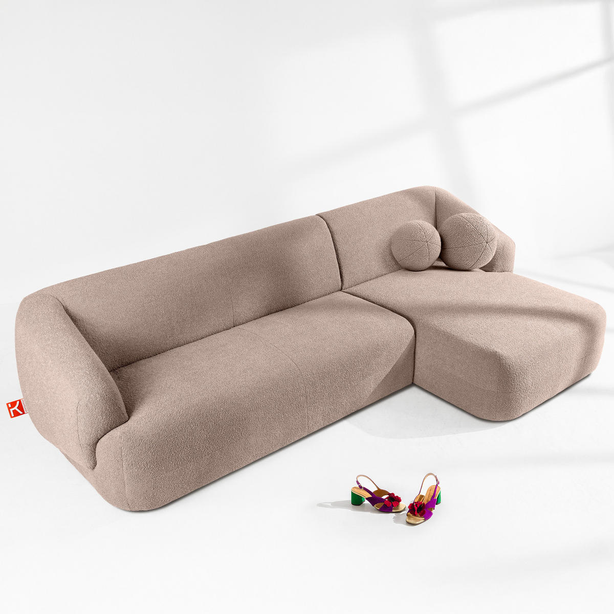 ECKSOFA RECHTS VIRA, Rosa, Bouclé - Pink/Schwarz, Holz/Holzwerkstoff (300/160cm) - KONSIMO®
