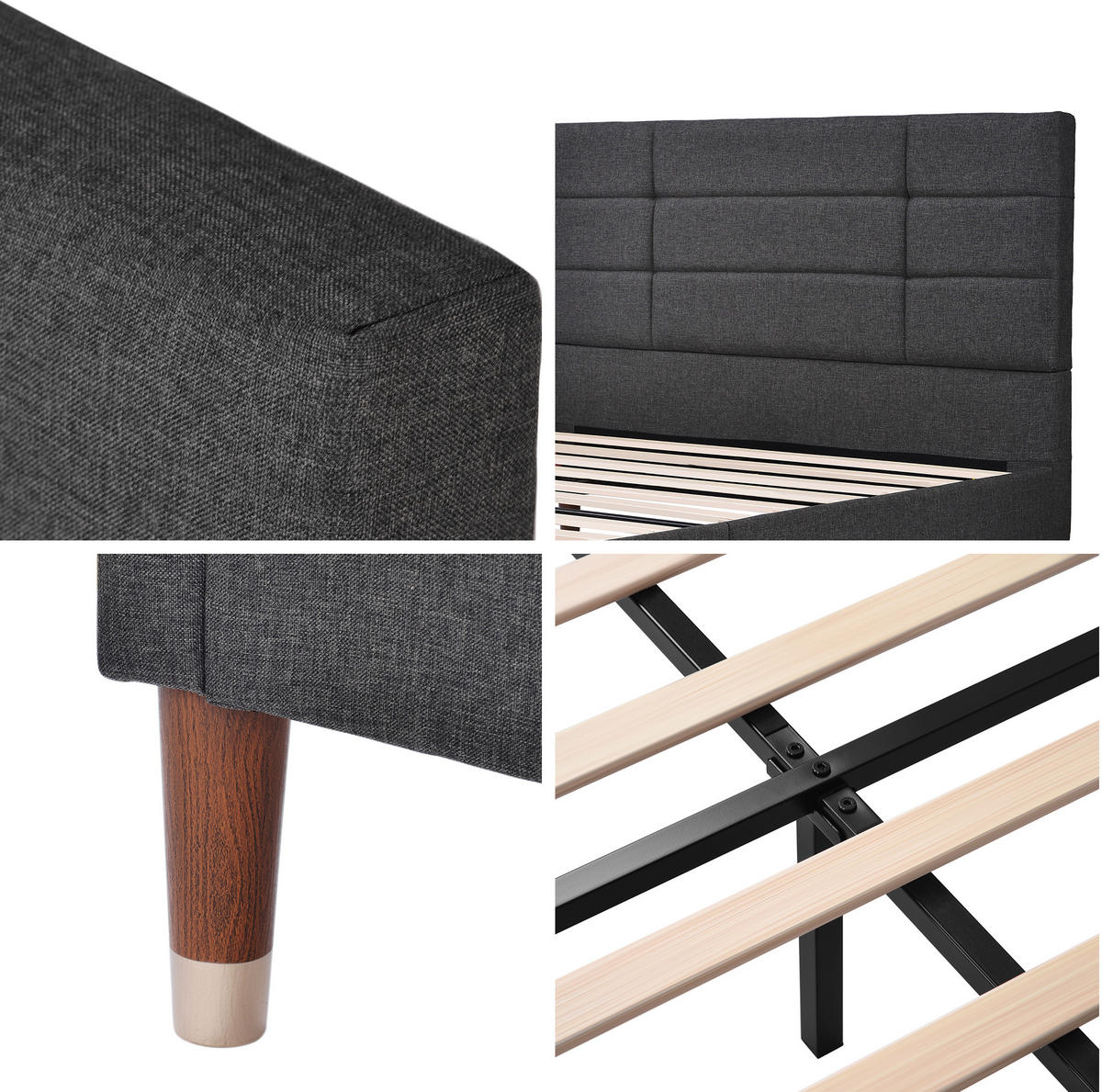 POLSTERBETT 140/200 cm mit gepolstertem Kopfteil in Dunkelgrau inkl. Lattenrost - Grau, Holz (140/200cm) - BEAOK