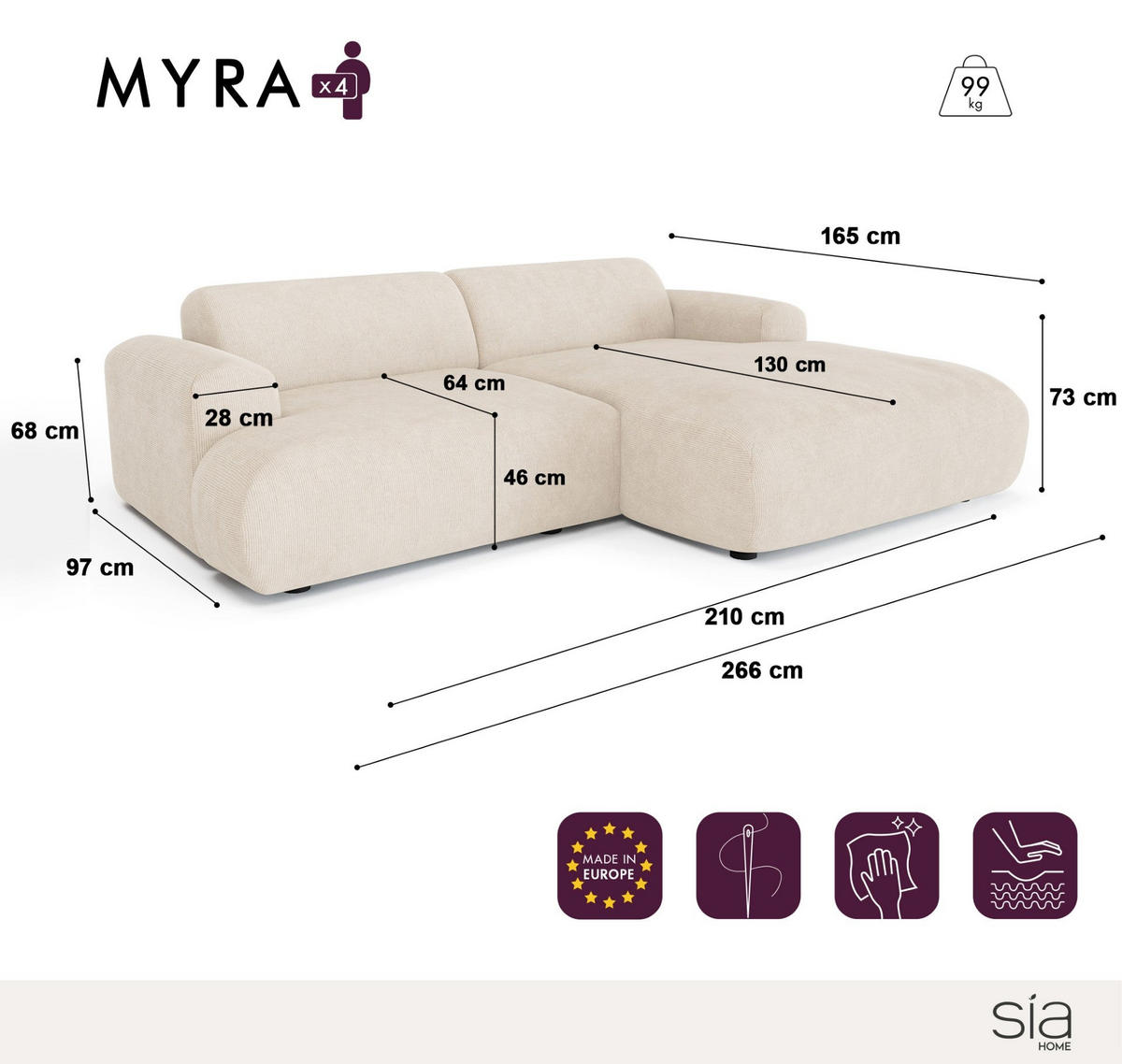 ECKSOFA RECHTS Gemusterter Samt Grau 266cm - Grau, Textil (266/165cm) - Sia Home