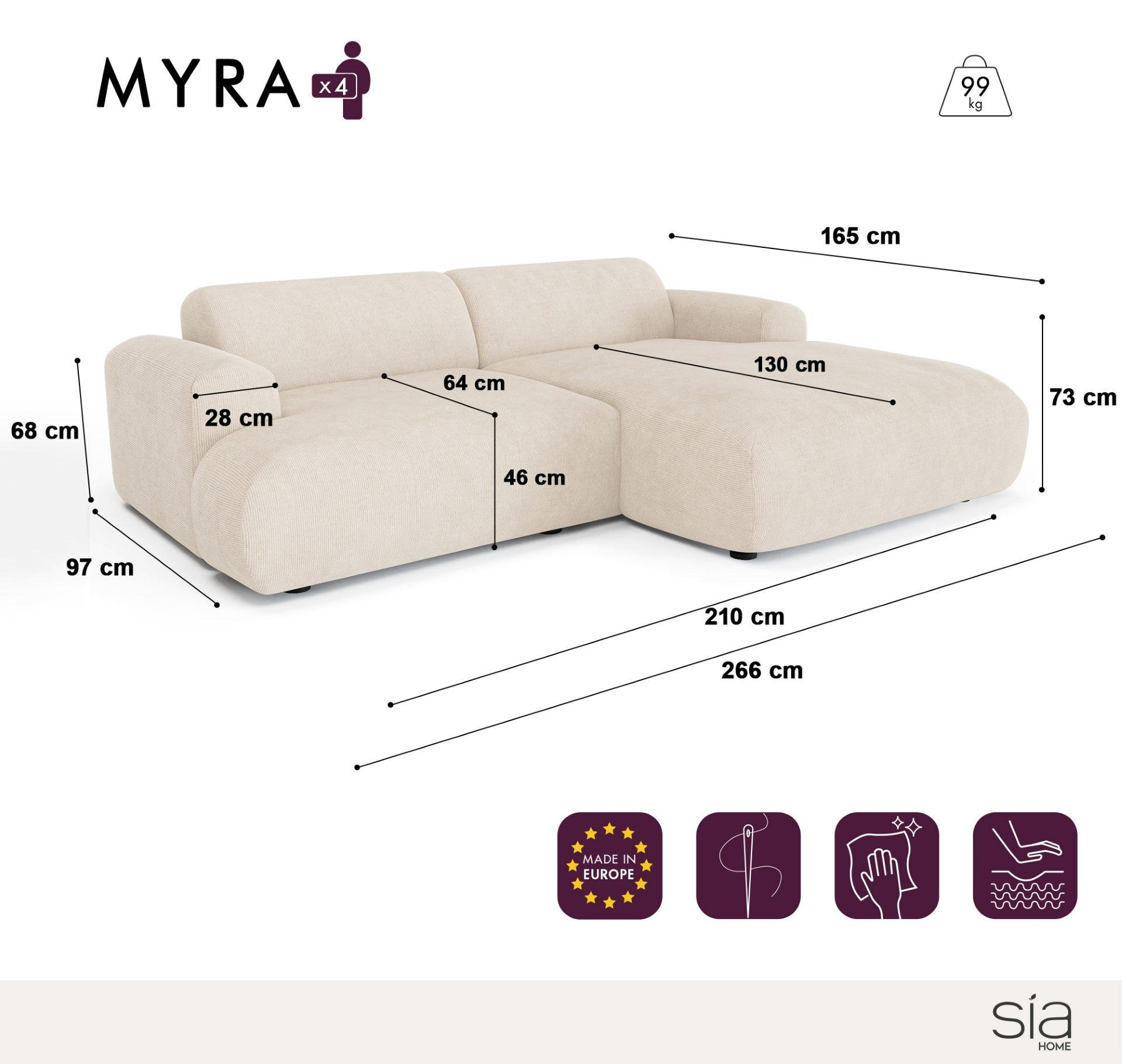 Thumbnail - Sia Home Ecksofa, Smaragdgrün, Textil, 4-Sitzer, L-Form, Ottomane rechts, 266x165 cm, Wohnzimmer, Sofas & Couches, Wohnl...