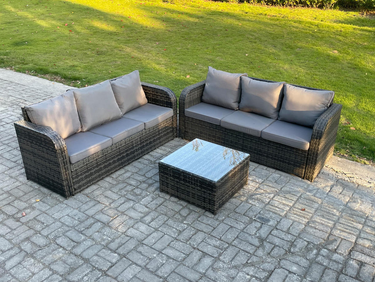 GARTENTISCHGRUPPE Polyrattan Dunkelgrau 3-teilige - Dunkelgrau/Grau, Glas/Kunststoff - Fimous