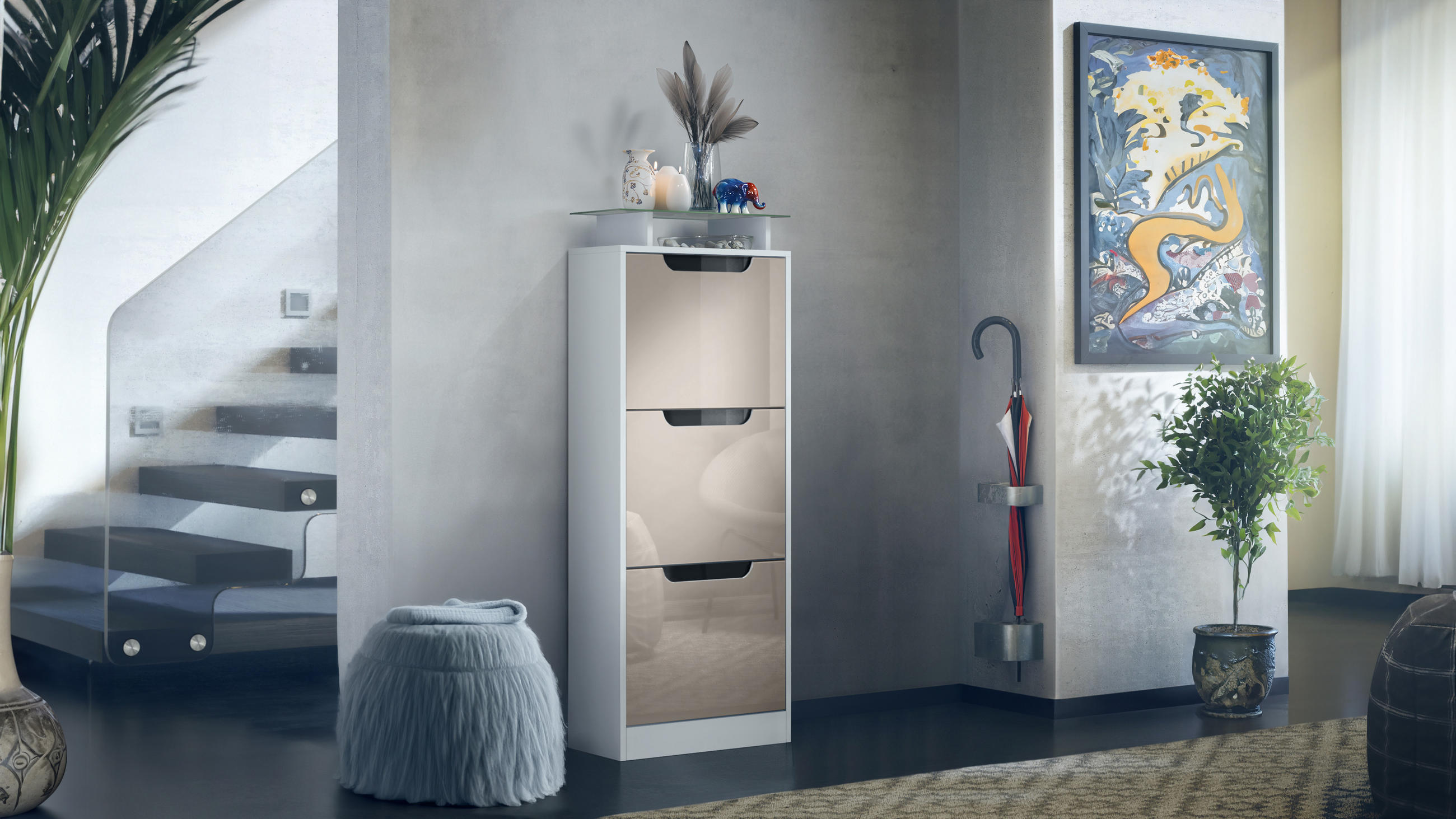 SCHUHSCHRANK Space Sandgrau Hochglanz - Sandfarben, Holzwerkstoff (46/128/23cm) - Vladon