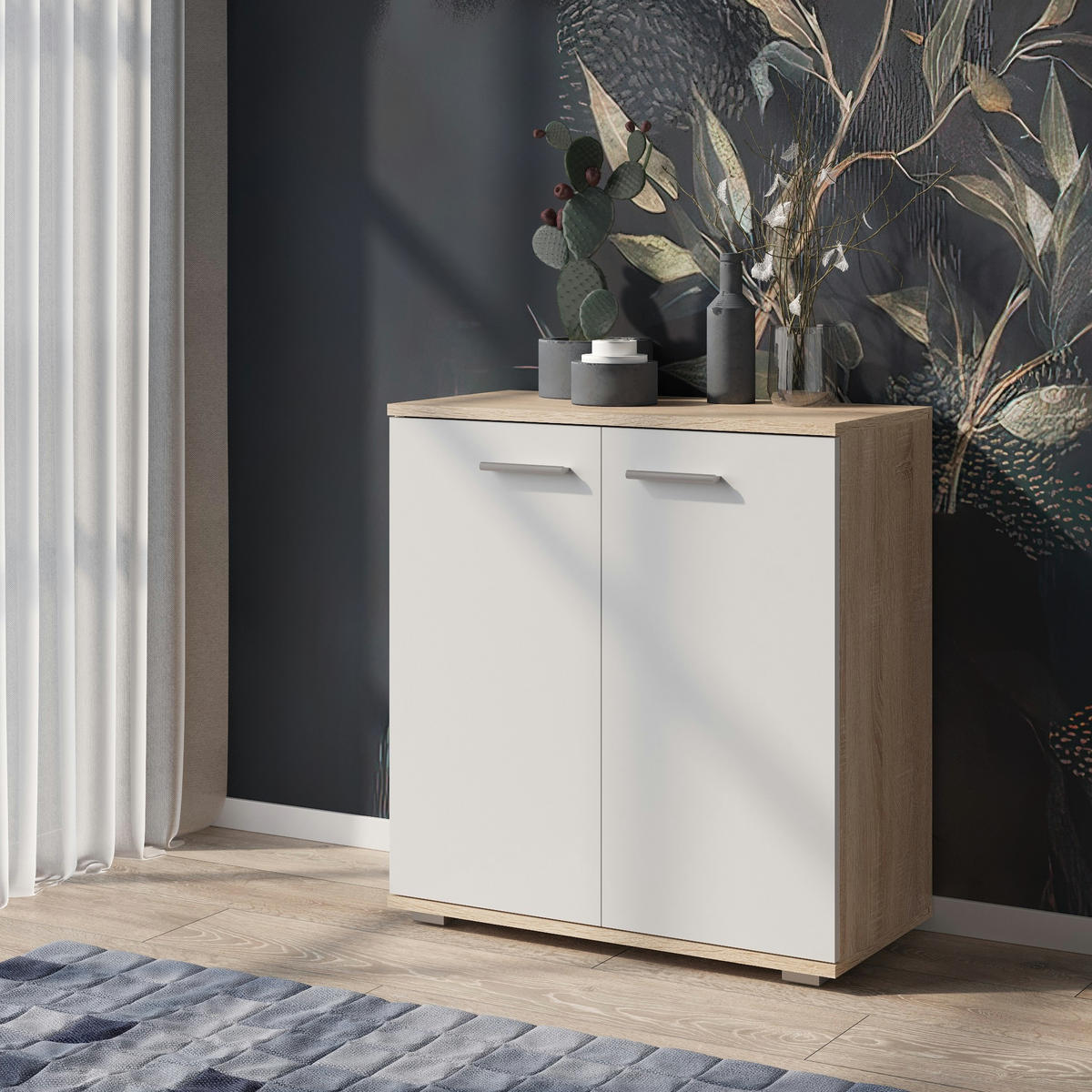 SIDEBOARD FAUSKE KOM1-2D Eiche Sonoma Weiß - Silberfarben/Weiß, Holzwerkstoff/Kunststoff (69/74/34cm) - Komodee