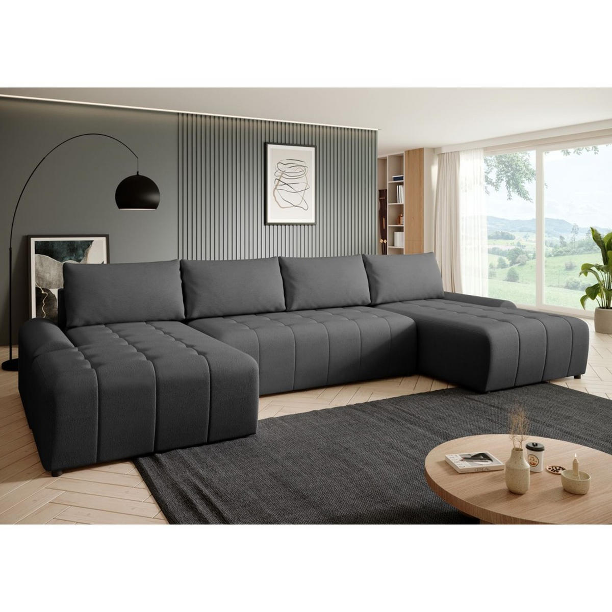 WOHNLANDSCHAFT Costa U Schwarz, Velours - Schwarz, Kunststoff/Textil (367/80/169cm) - Beautysofa