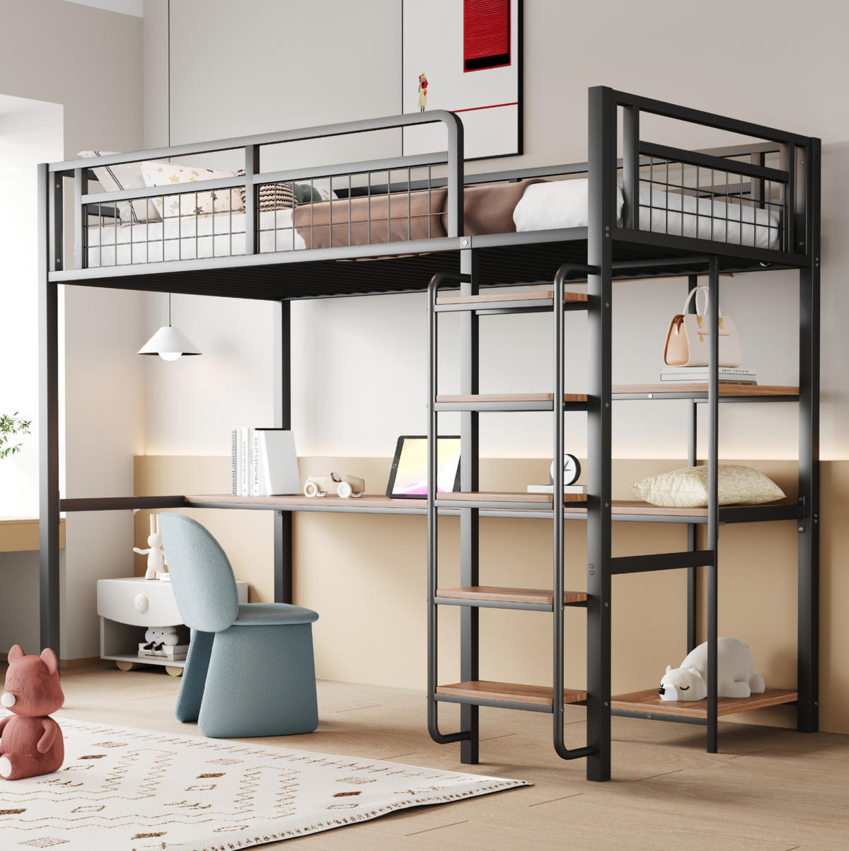 HOCHBETT 90/200 cm aus Metall mit Schreibtisch und Regalen Schwarz - Schwarz, Metall (90/200cm) - Modenvie