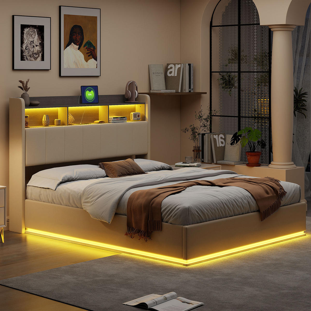 POLSTERBETT 160/200 cm mit beleuchteten Ablagefächern am Kopfteil, USB-Anschluss, Sockel-LED-Beleuchtung & Stauraumbettkasten mit Hydraulik - Beige, Holz/Metall (160/200cm) - Joyfair