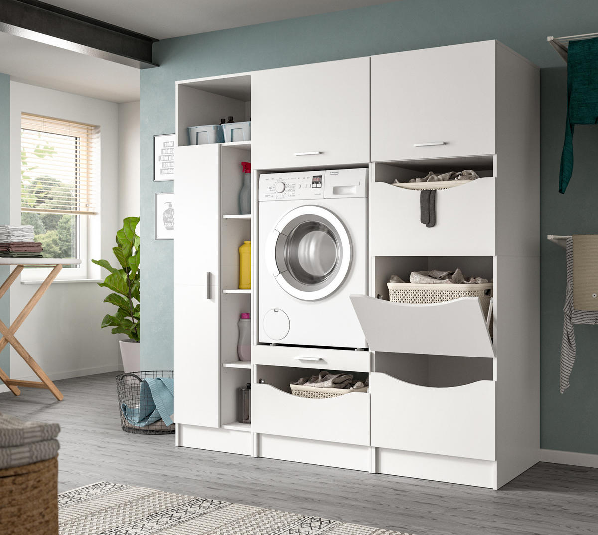 WASCHMASCHINENSCHRANK weiß Set 3-teilig, Waschmaschinenumbau 176 cm mit viel Stauraum - Silberfarben/Weiß, Glas/Holzwerkstoff (176/195/68cm) - Inn.Furn