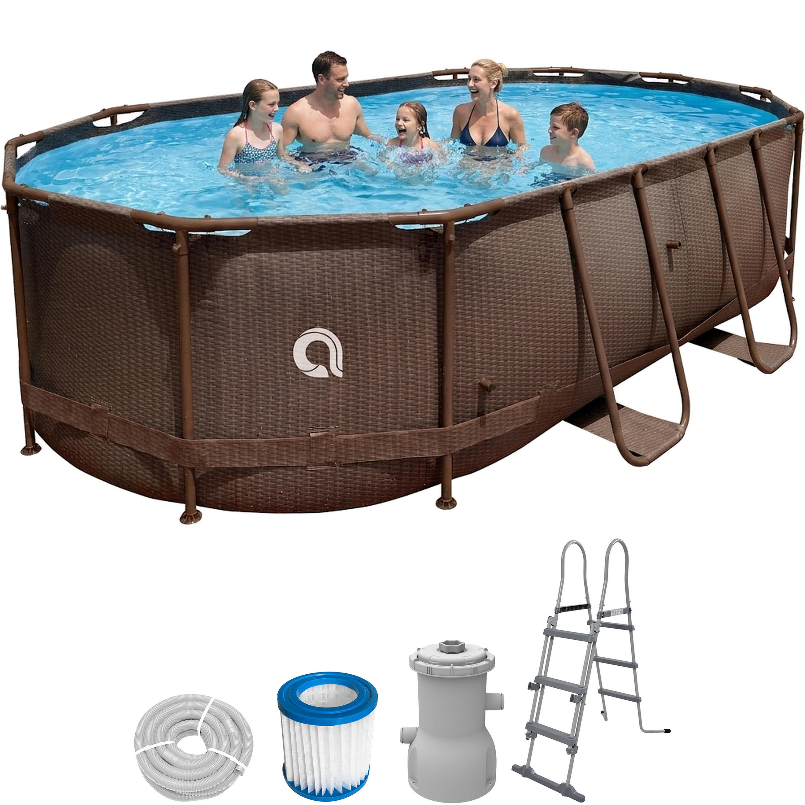 POOL Komplettset Framepool oval 427x275x100 cm rattan-braun mit Filterpumpe - Braun, Kunststoff/Metall (275/100/427cm) - Avenli