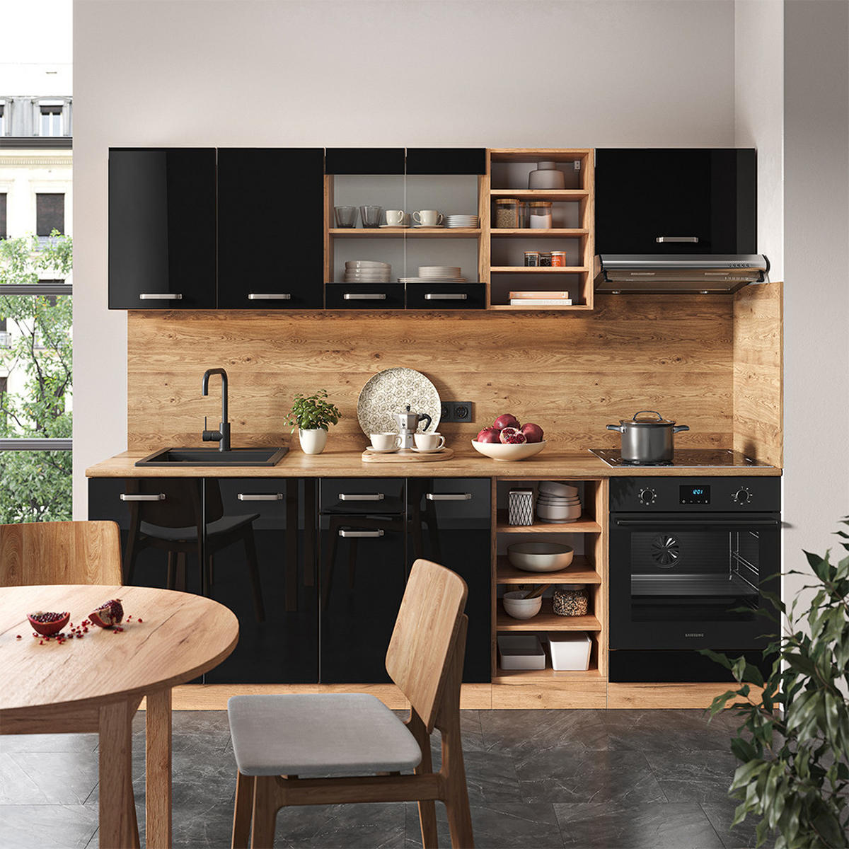 KÜCHENZEILE R-Line Schwarz Hochglanz/Goldkraft Eiche 240 cm, AP Marmor - Schwarz Hochglanz/Eiche Wotan, Holzwerkstoff (240/81.6/60cm) - Vicco