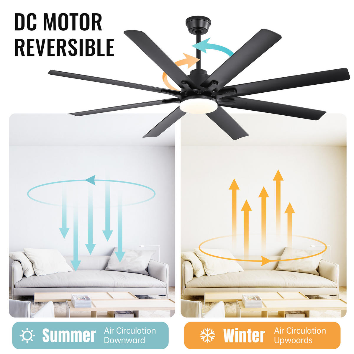 DECKENVENTILATOR DE-16194 66 Zoll Smart mit 8 Flügeln & LED - Schwarz, Kunststoff/Metall (167.64/167.64/26.8cm) - ComfortXL