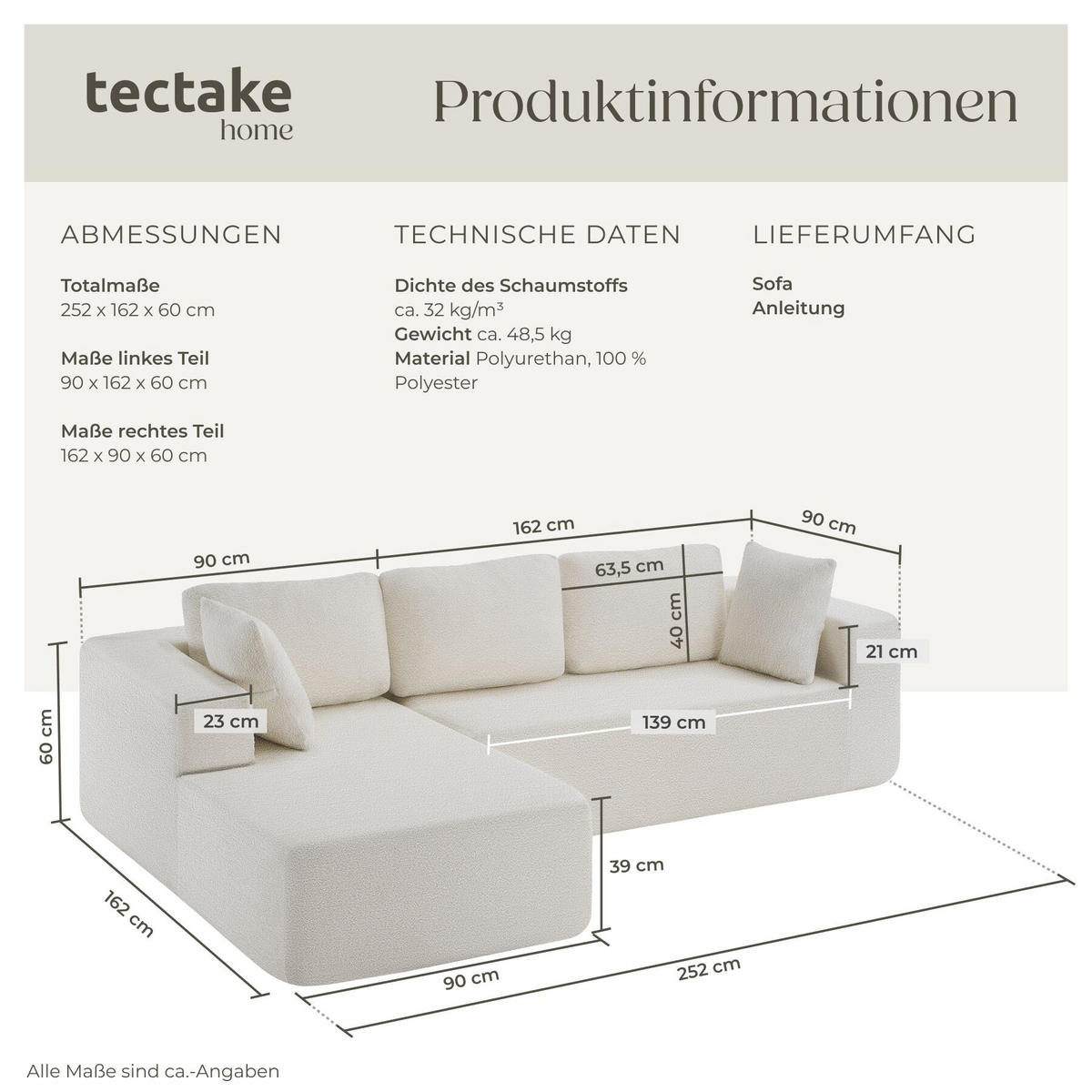 SOFA Relax, keine Montage, 250 cm Breite, Bouclé creme - Creme, Kunststoff/Textil (250/162cm) - tectake