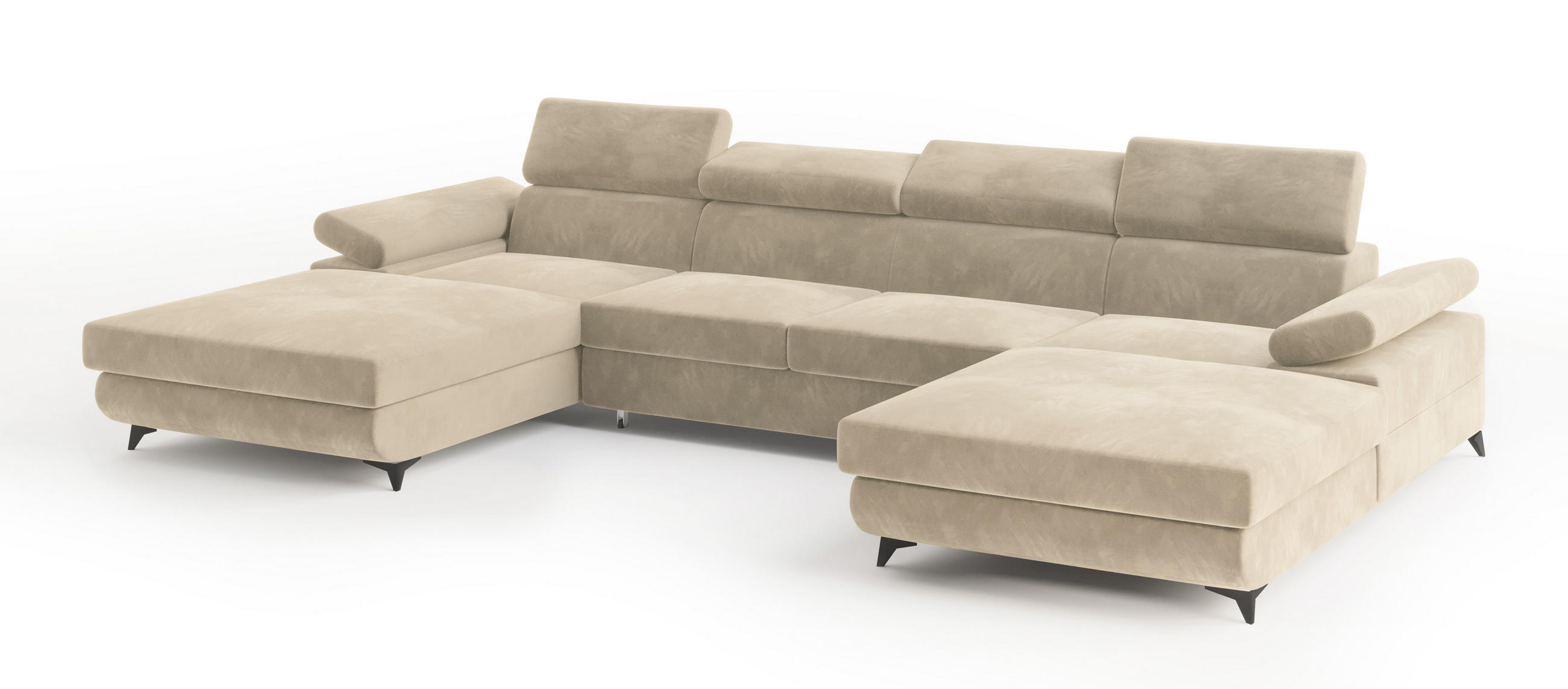 WOHNLANDSCHAFT DETTI Creme Velours-Stoff mit Schlaffunktion - Creme, Holz (339/89/190cm) - MASSENO