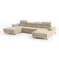 WOHNLANDSCHAFT DETTI Creme Velours-Stoff mit Schlaffunktion - Creme, Holz (339/89/190cm) - MASSENO