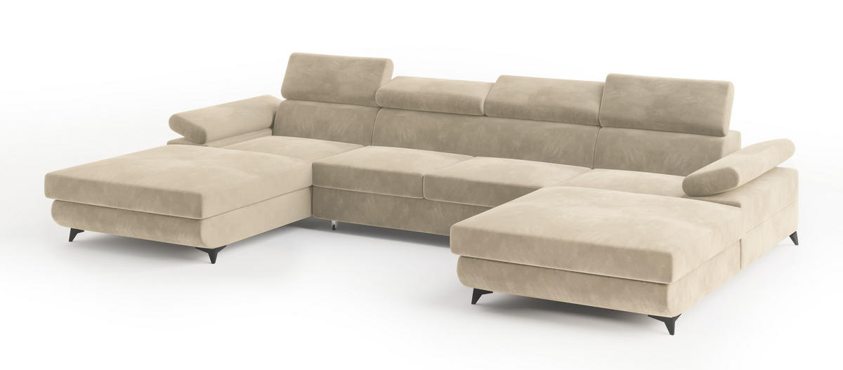 WOHNLANDSCHAFT DETTI Creme Velours-Stoff mit Schlaffunktion - Creme, Holz (339/89/190cm) - MASSENO