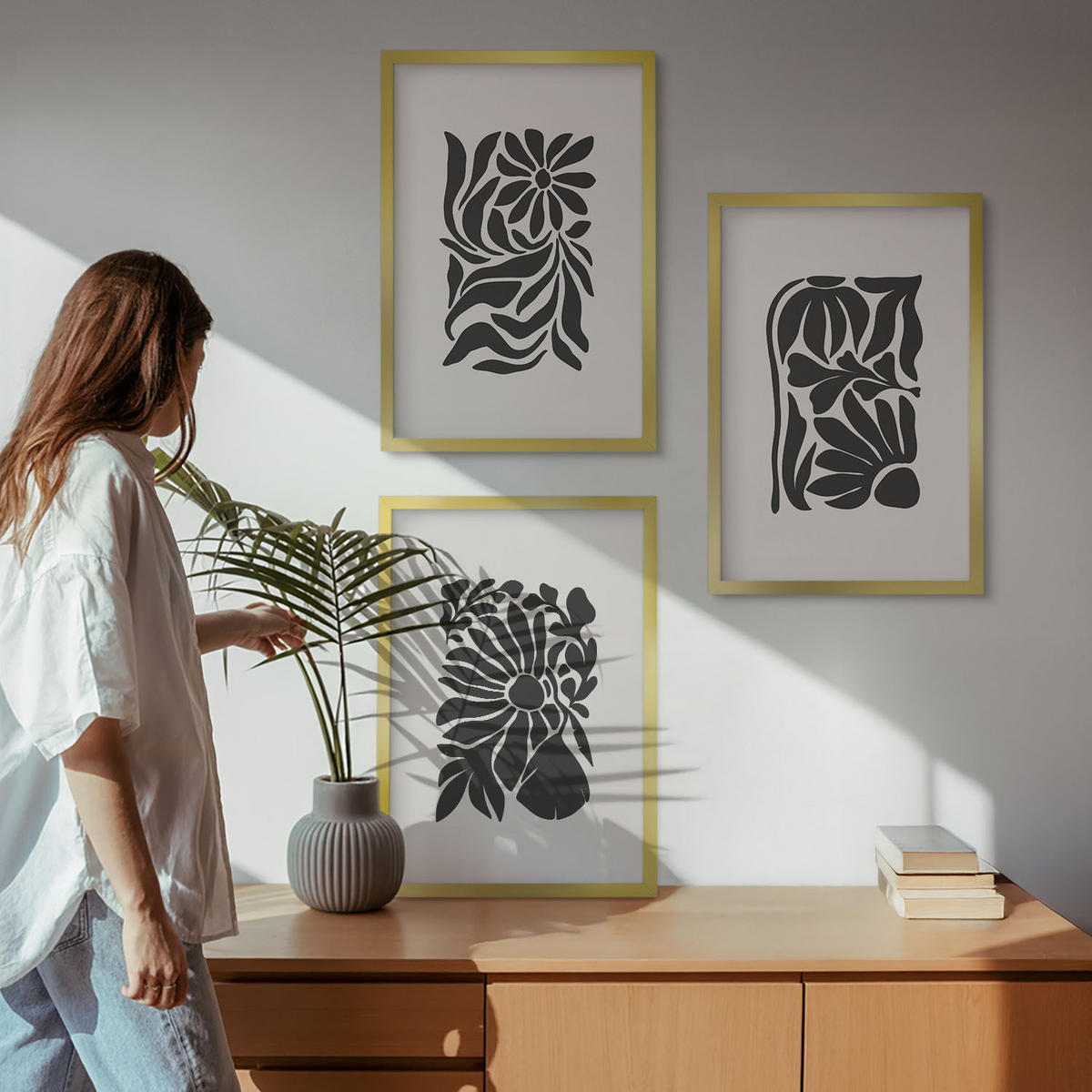 BILDER SET 3er Set - 40x60 cm Goldrahmen - Abstrakte Pflanzenmuster - Goldfarben, Kunststoff (40/60cm) - TULUP