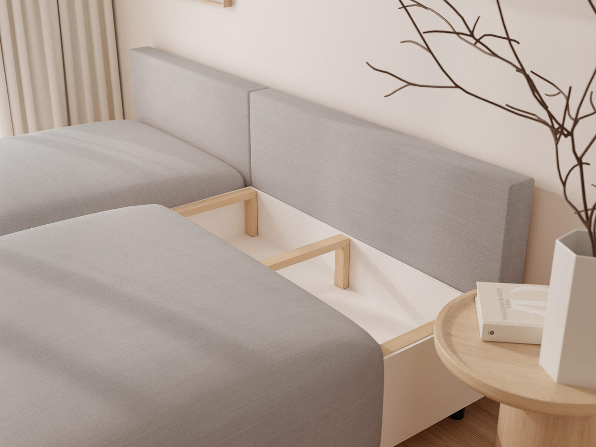 ECKSOFA ELVO mit Schlaffunktion und Bettkasten Hellgrau - Hellgrau, Holzwerkstoff/Kunststoff (208/190cm) - Idohome