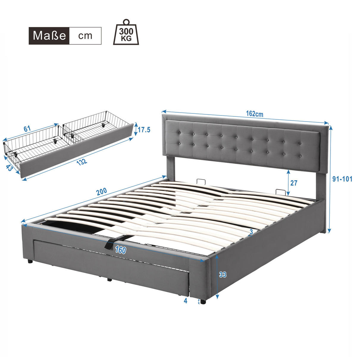 BETT mit Stauraum 160x200 cm Samt Grau - Grau, Metall (160/200cm) - Meubliv