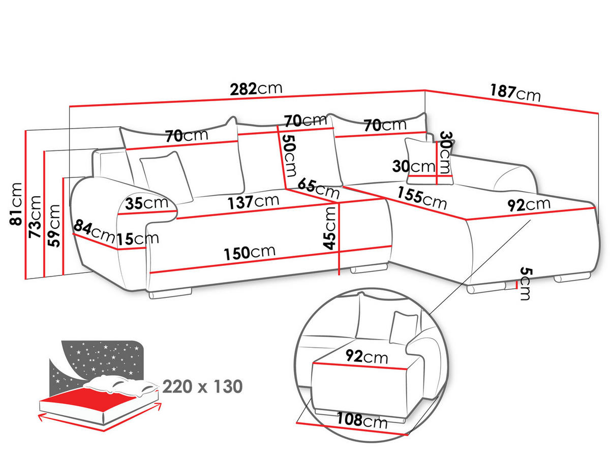 ECKSOFA Ubo L Cord, Seite: Links - Silberfarben/Creme, Holz/Kunststoff (282/187cm) - MIRJAN24