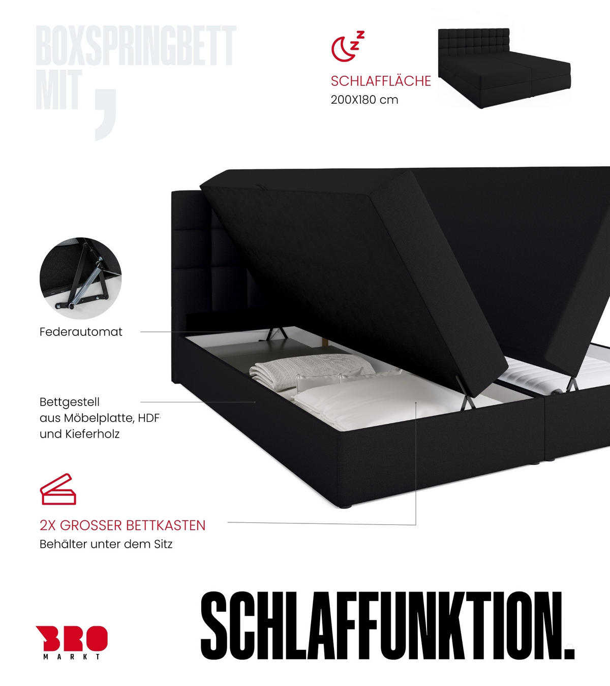 BOXBETT Dakota mit Topper 180/200 Schwarz - Schwarz, Textil (180/200cm) - Bromarkt