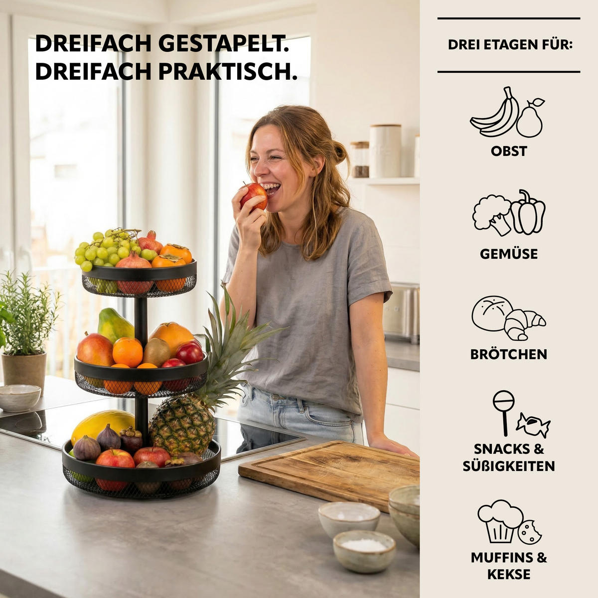 OBSTETAGERE rund, 3-stöckig, Ø 20 cm, 25 cm und 30 cm, schwarz, Metall - Schwarz, Metall (42cm) - eluno