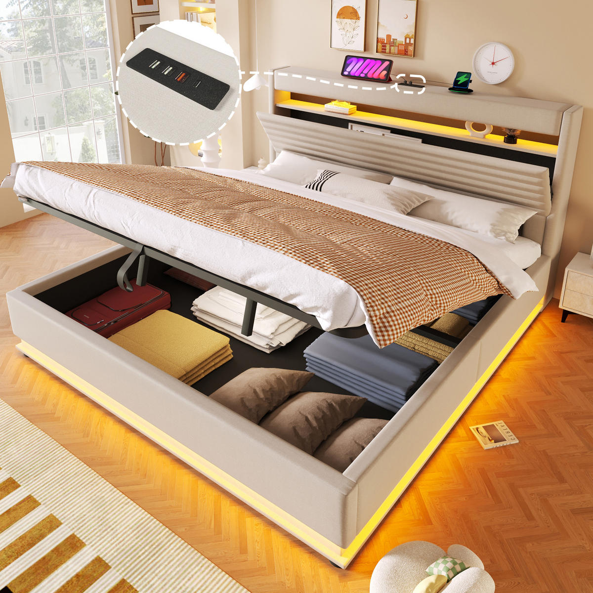 POLSTERBETT 180/200 cm Beige mit USB-Typ-C-Anschluss, LED-Beleuchtung und Ablagefach - Beige, Textil (180/200cm) - Oxeza