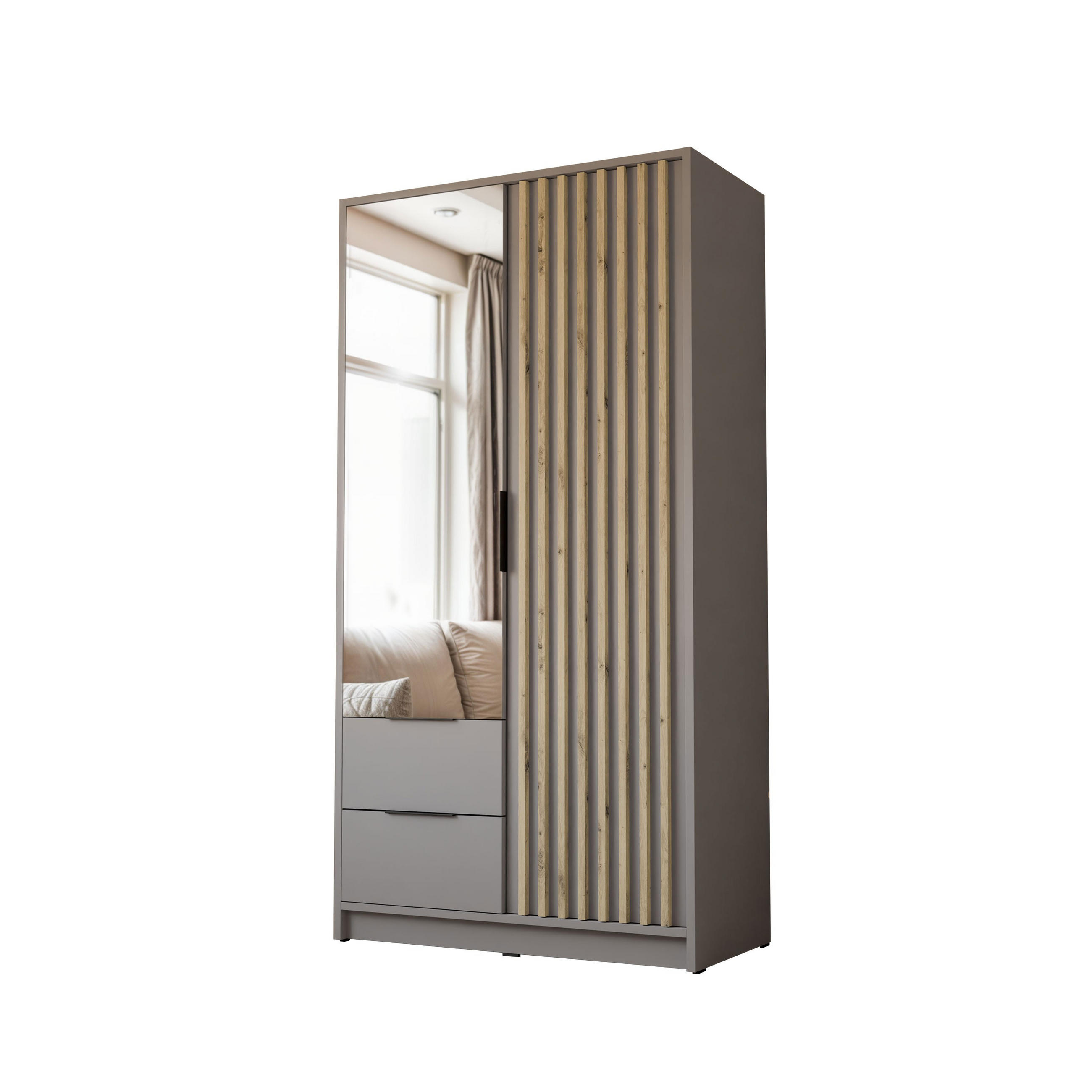 KLEIDERSCHRANK NELA, zweitürig mit Lamellen und Spiegel, 105 cm, Grau/Artisan - Grau, Holzwerkstoff (105/200/51cm) - Lookway