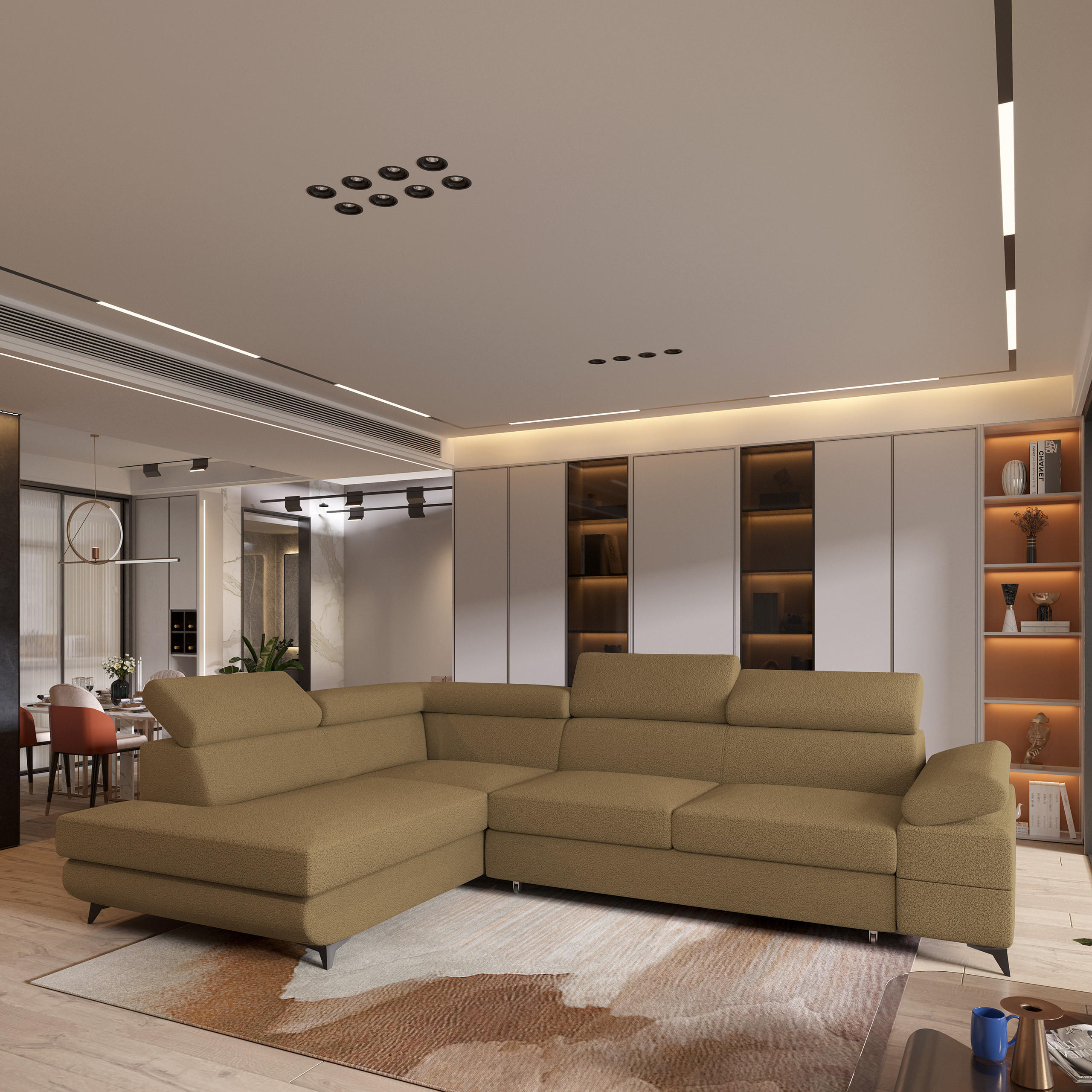 ECKSOFA FAVIEN L-S Orange Boucle-Stoff mit Schlaffunktion - Orange, Holz (257/190cm) - MASSENO