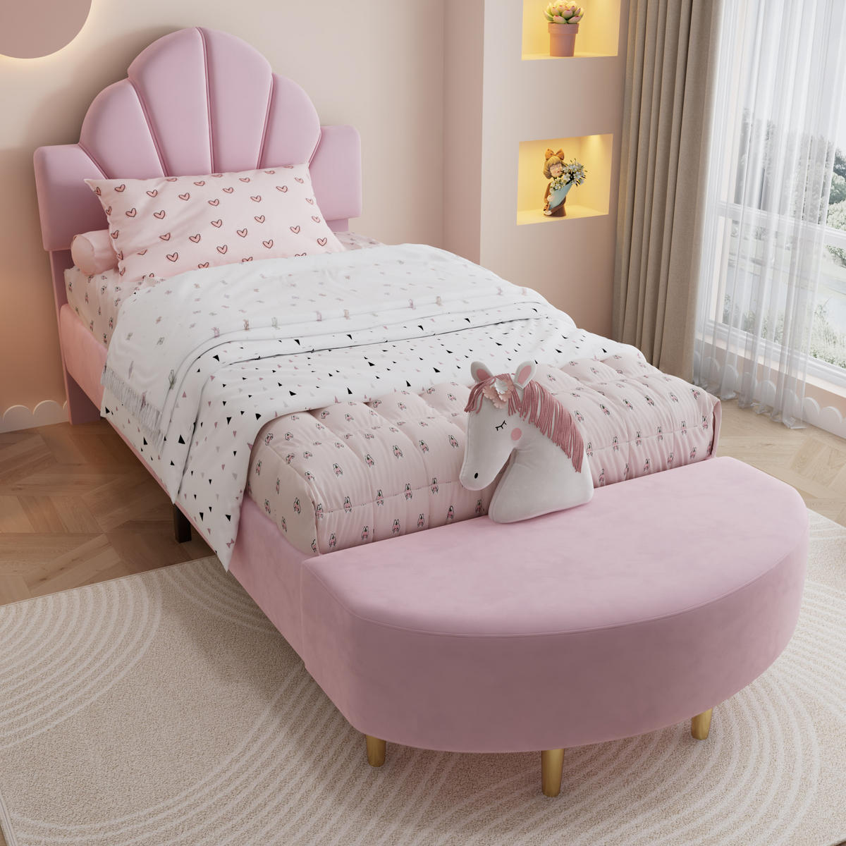 POLSTERBETT 90/200 cm Rosa mit Samtkopfteil und Bettbank - Rosa, Textil (90/200cm) - OKWISH