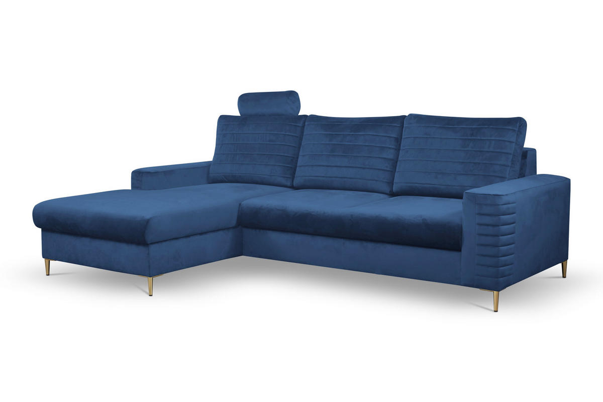 ECKSOFA GRIFO L-S Blau Velours-Stoff mit Schlaffunktion - Blau, Holz (253/165cm) - MASSENO
