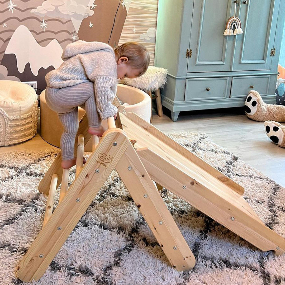 KLETTERDREIECK für Kinder mit Rutsche und Kletterwand - Set, Montessori, Grau - Grau, Holz (140/59/60cm) - MeowBaby