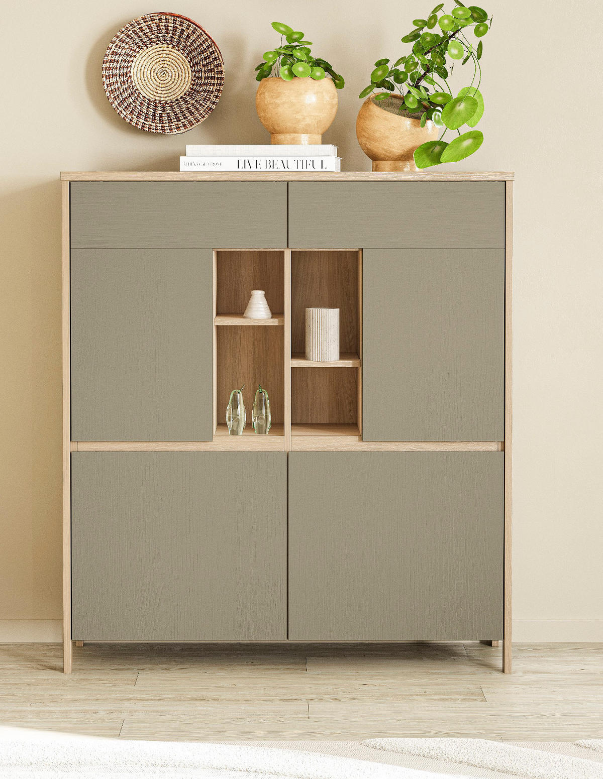 HIGHBOARD Salbei grün, Eiche 111 x 125 cm, Kommode skandinavisch mit Soft-Close - Salbeigrün/Eichefarben, Holzwerkstoff/Metall (111/125/39cm) - Furn.Design