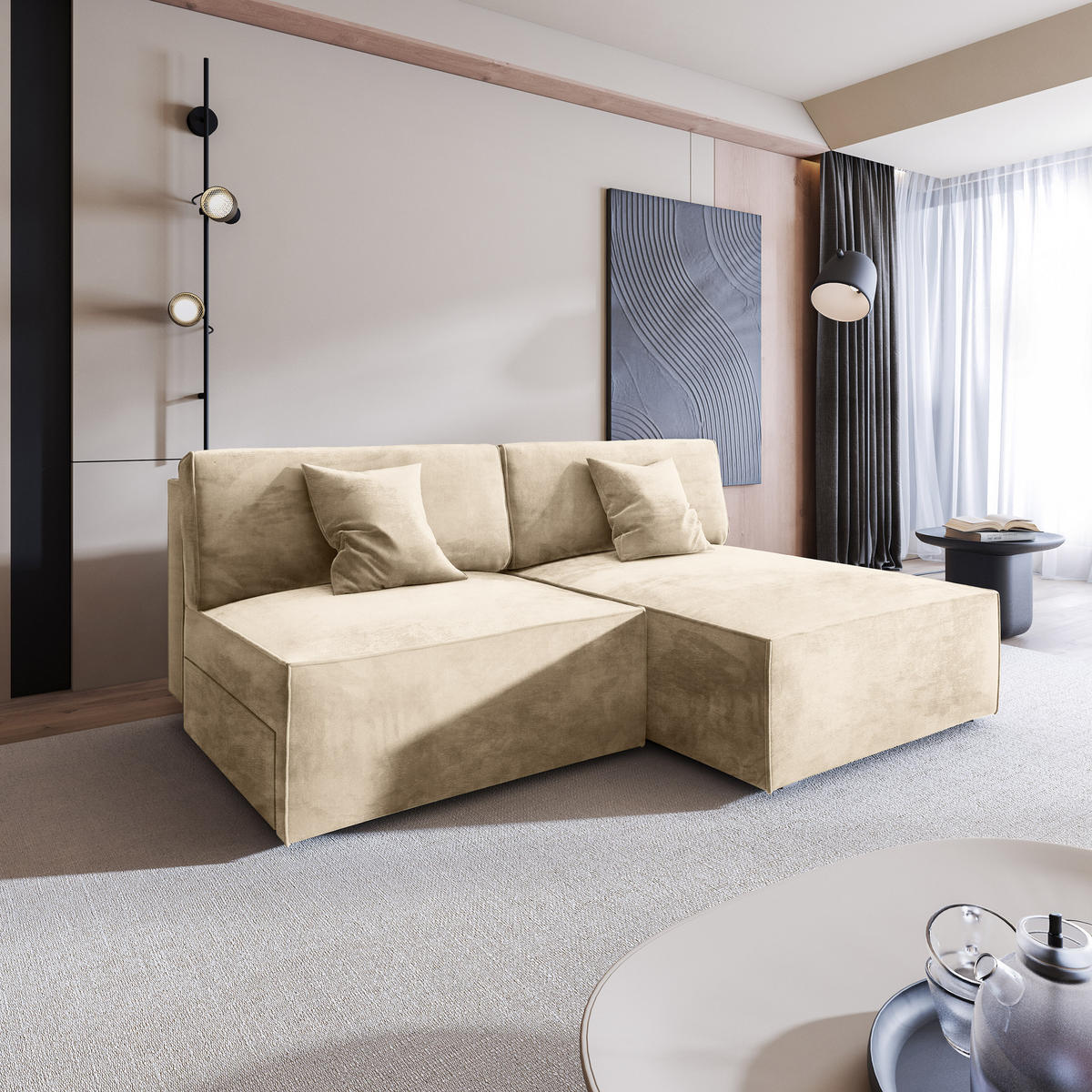 ECKSOFA FIORO M Creme Velours-Stoff mit Schlaffunktion - Creme/Grau, Holz/Kunststoff (204/148cm) - MASSENO