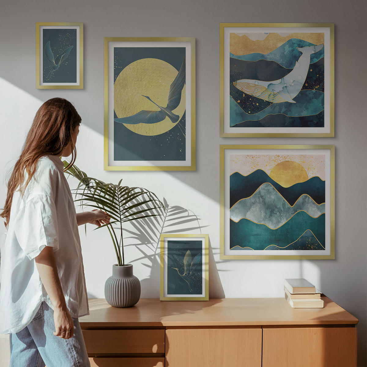 WANDBILDER 5er Set - 50x50 cm & 20x30 cm & 40x60 cm Goldrahmen - Vögel, Kraniche, Mond, Berge - Goldfarben, Kunststoff (40/60cm) - ArtPrintCave