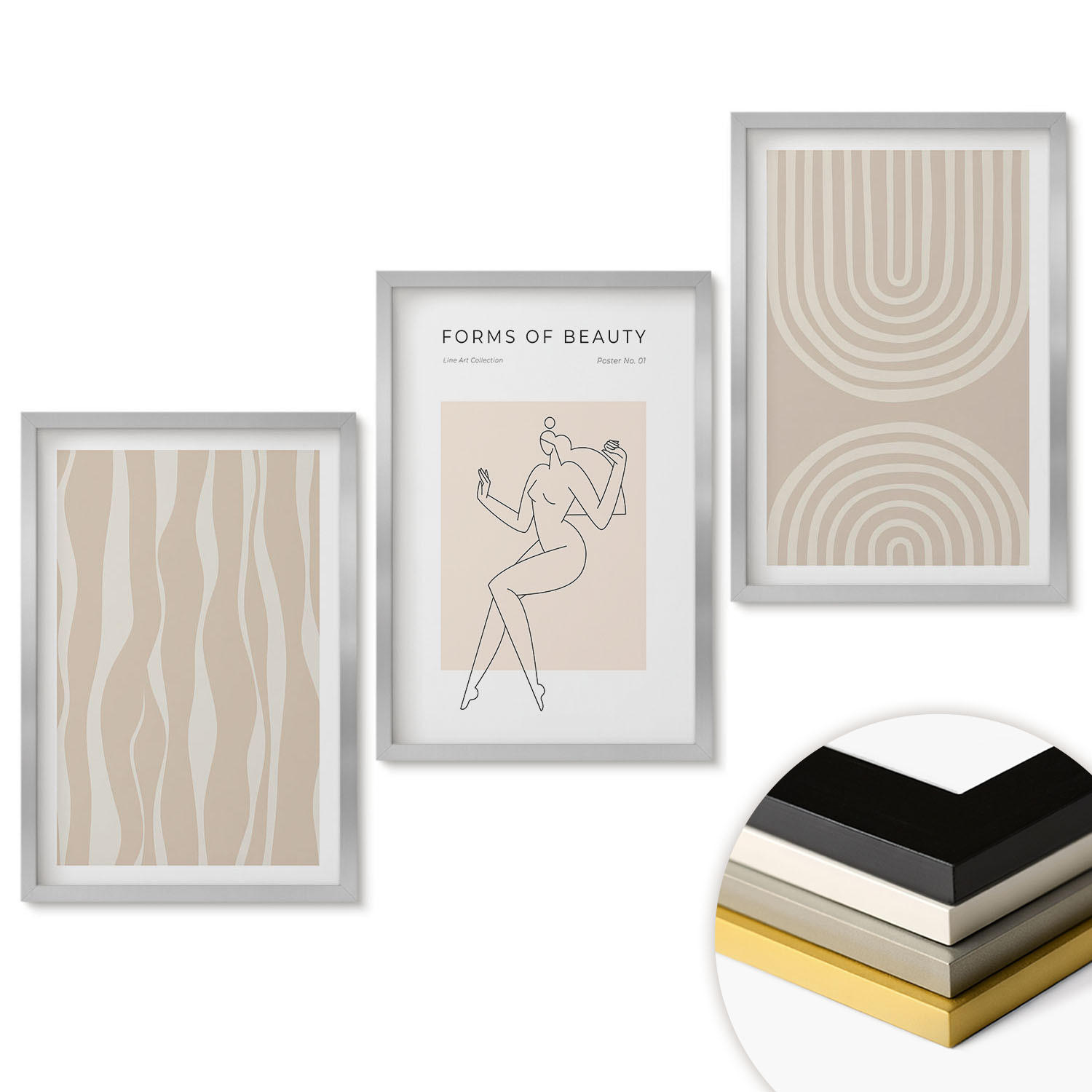 WANDBILDER 3er Set - 40x60 cm Silberner Rahmen - Abstrakte Boho-Dekorationen - Silberfarben, Kunststoff (40/60cm) - ArtPrintCave