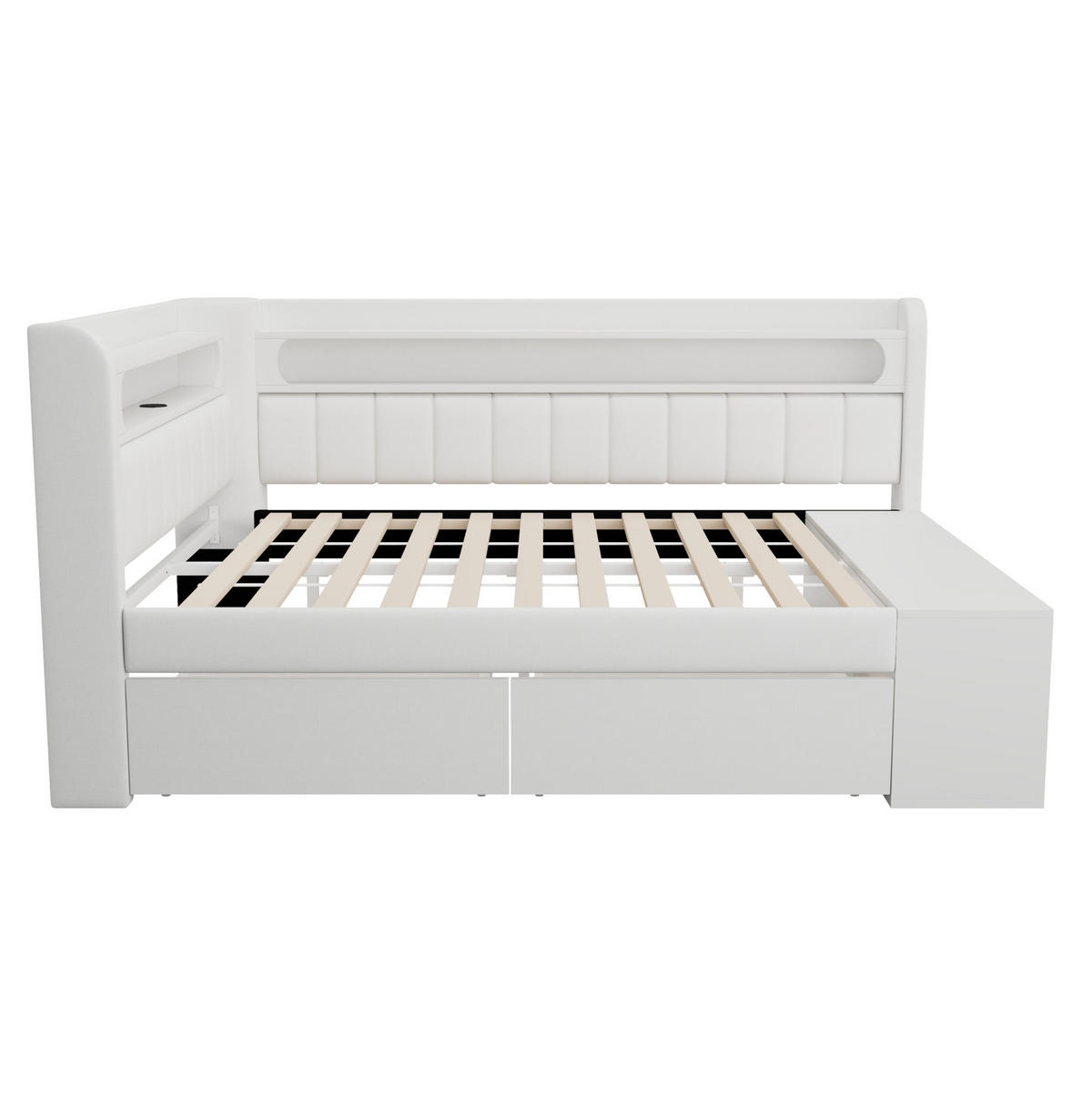 ČALOUNĚNÁ postel 90/200 cm bílá z MDF a překližky s LED osvětlením, USB a botníkem - bílá, kompozitní dřevo (90/200cm) - OKWISH