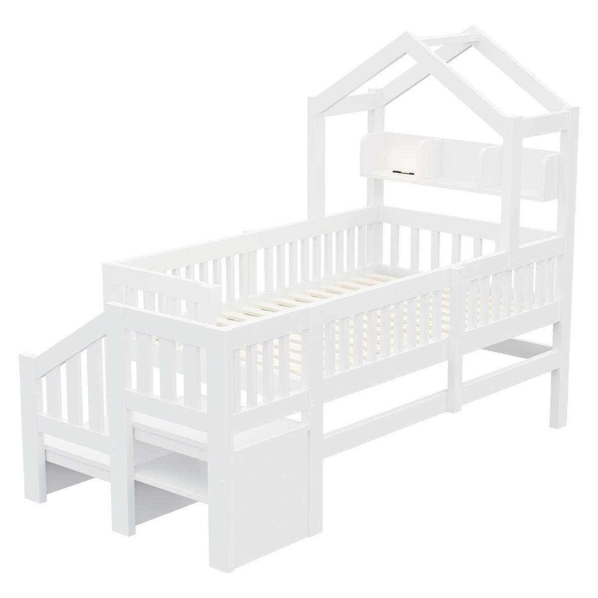 KINDER-HOCHBETT 90 x 200 cm mit Dach, USB und LED, Weiß - Weiß, Holz (90/200cm) - FLIEKS