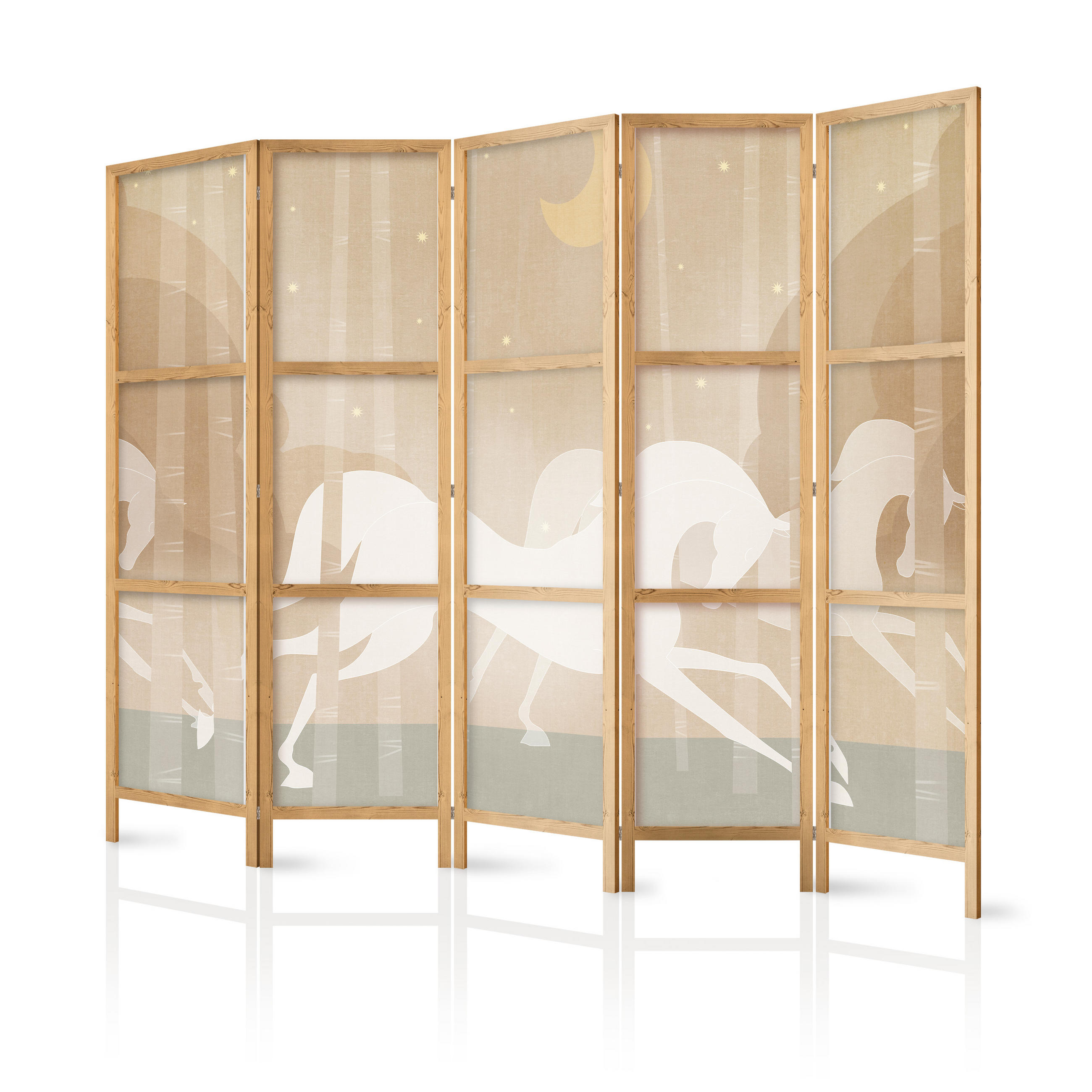 PARAVENT Japanischer 5-tlg 225x172 cm Pferde - Braun, Holz/Textil (225/172/3cm) - Muralo