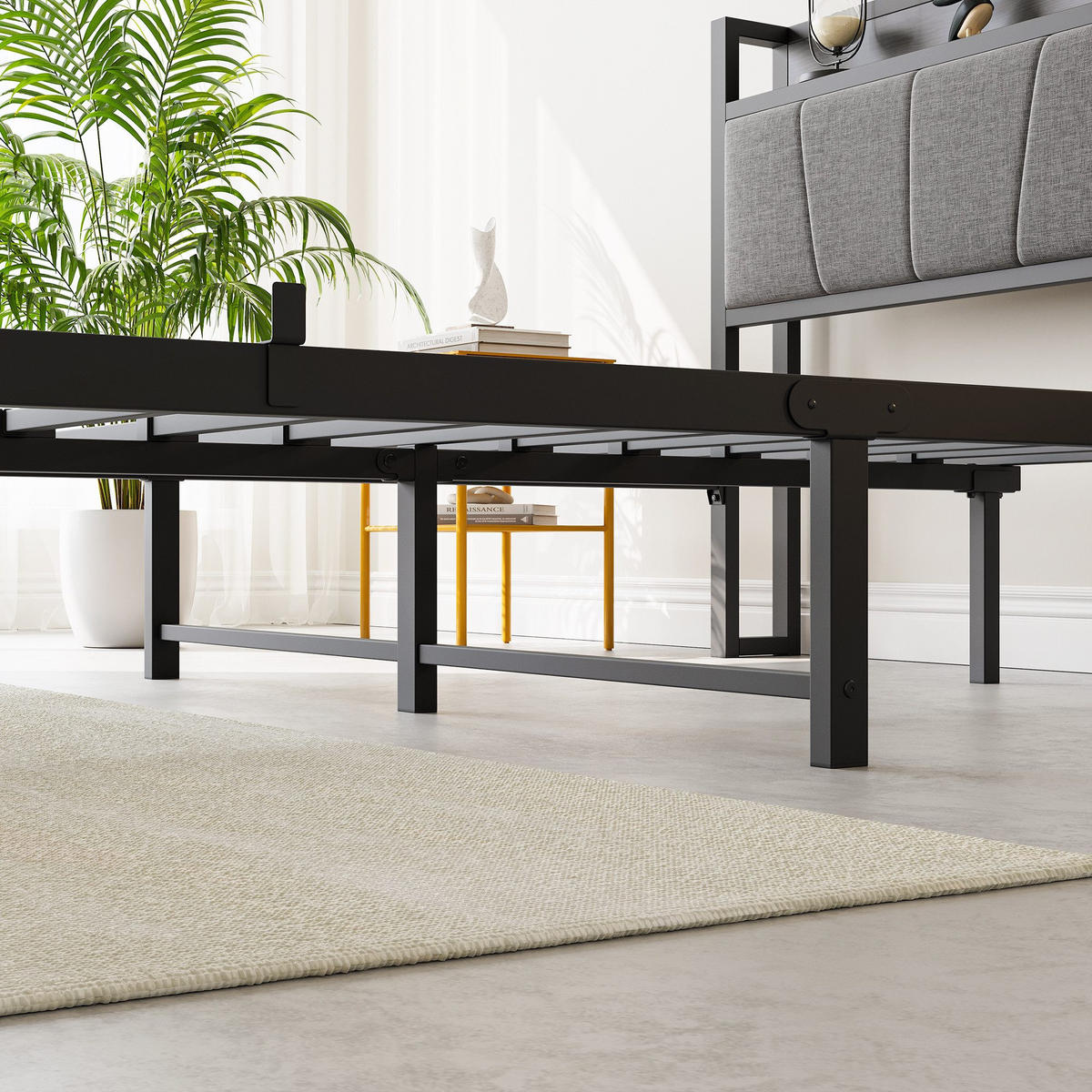 METALLBETT 140/200 cm mit Gepolstertes Kopfteil und USB, ohne Matratze - Schwarz, Holzwerkstoff/Textil (140/200cm) - WISHDOR