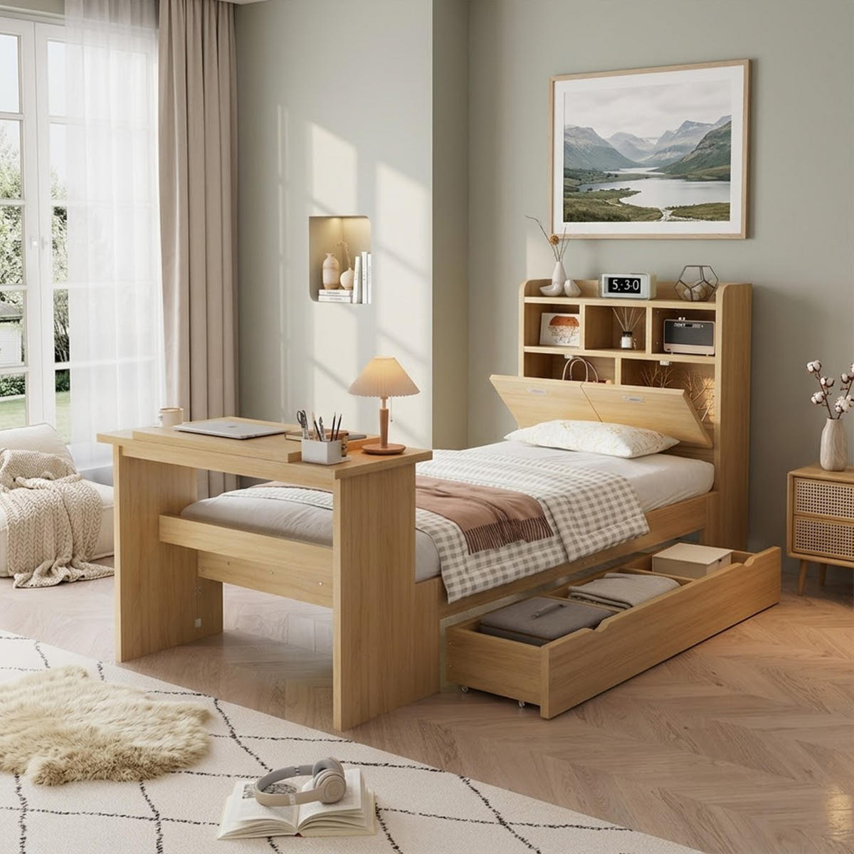 BETT 90x200 cm in Naturholzoptik mit Stauraum und Klapptisch - Naturfarben, Holz (90/200cm) - Flora Grace