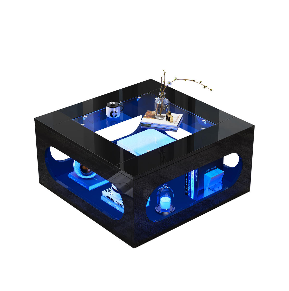 KONFERENČNÍ stolek 70/70/35 cm černý z MDF se skleněnou deskou a LED osvětlením - černá, kompozitní dřevo (70/70/35cm) - OKWISH