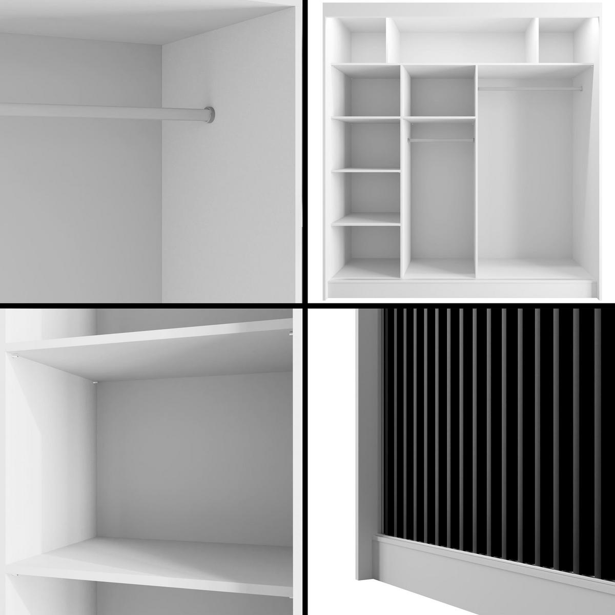 KLEIDERSCHRANK mit LED, Lamel-Schiebetüren VILANv2 - 200 cm Weiß + Lamelle schwarz - Schwarz/Weiß, Holzwerkstoff (200/215/61cm) - ALTDECOR