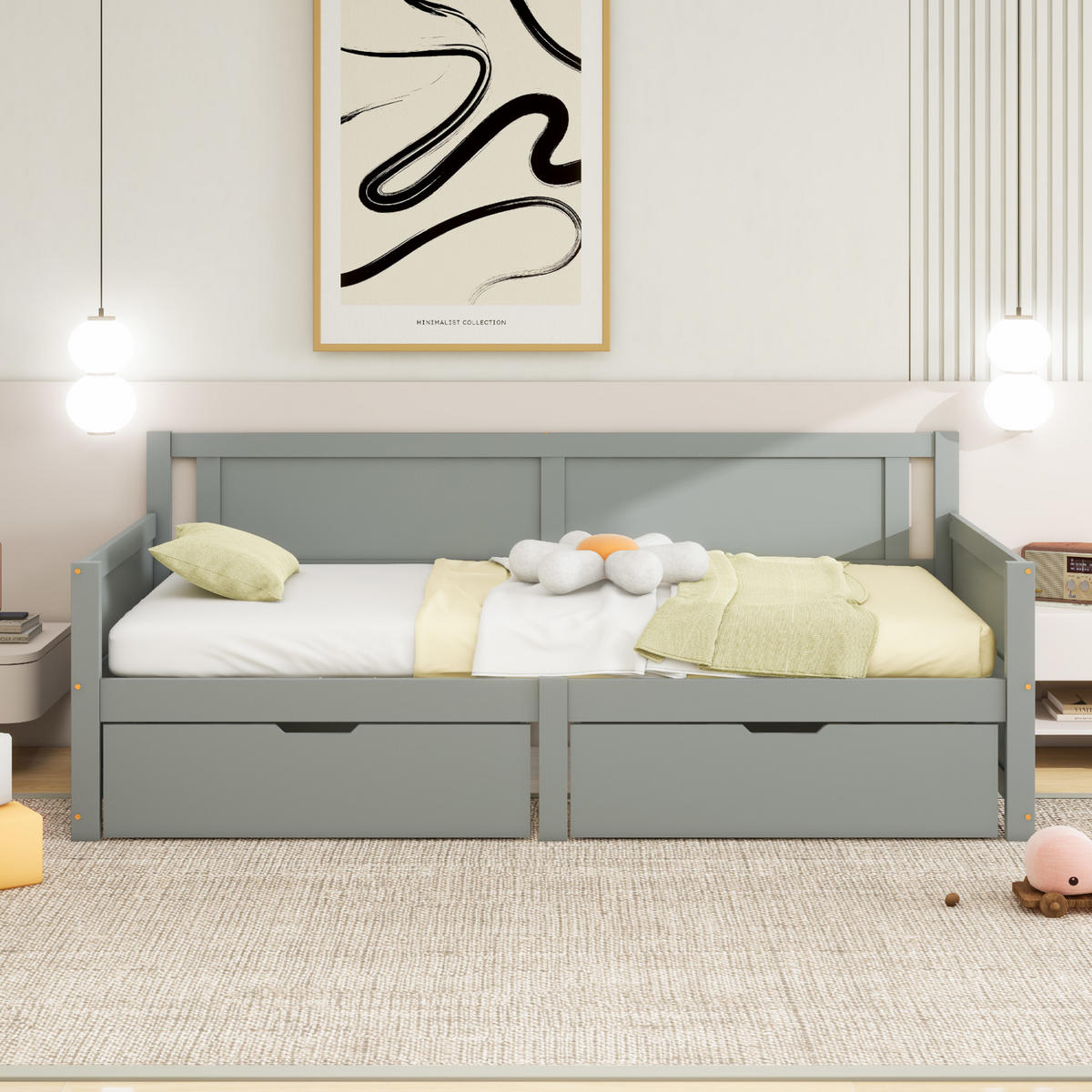 MULTIFUNKTIONSBETT 90/200 grau mit zwei Schubladen aus Massivholz - Grau, Holz - OKWISH