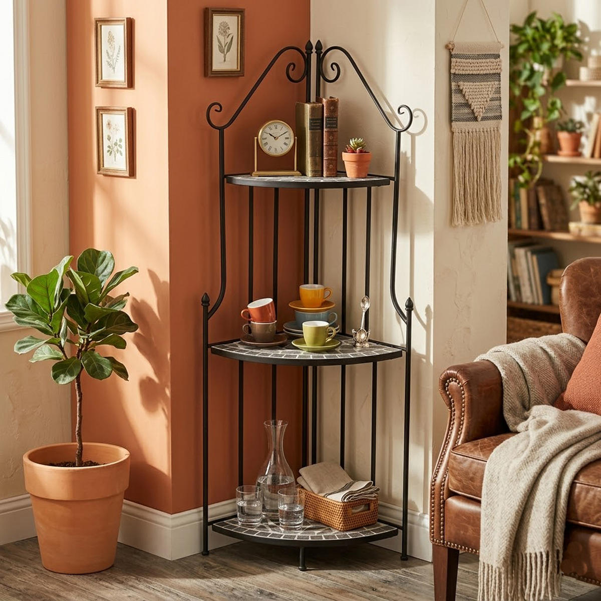 ECK-REGAL Gateshead - Rahmen aus Stahl, Regalebenen aus echter Keramik in Mosaik Optik, Farbe grau - Schwarz, Holz (50/141/34cm) - TPFGarden