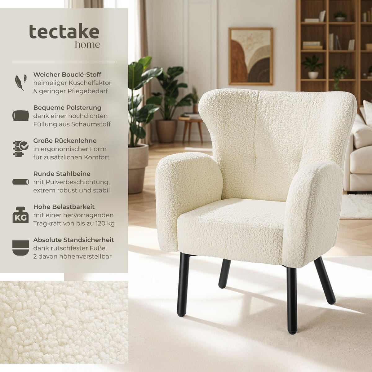 SESSEL Vänersborg,72 x 71 x 92 cm,creme - Creme, Textil (72/92/71cm) - tectake