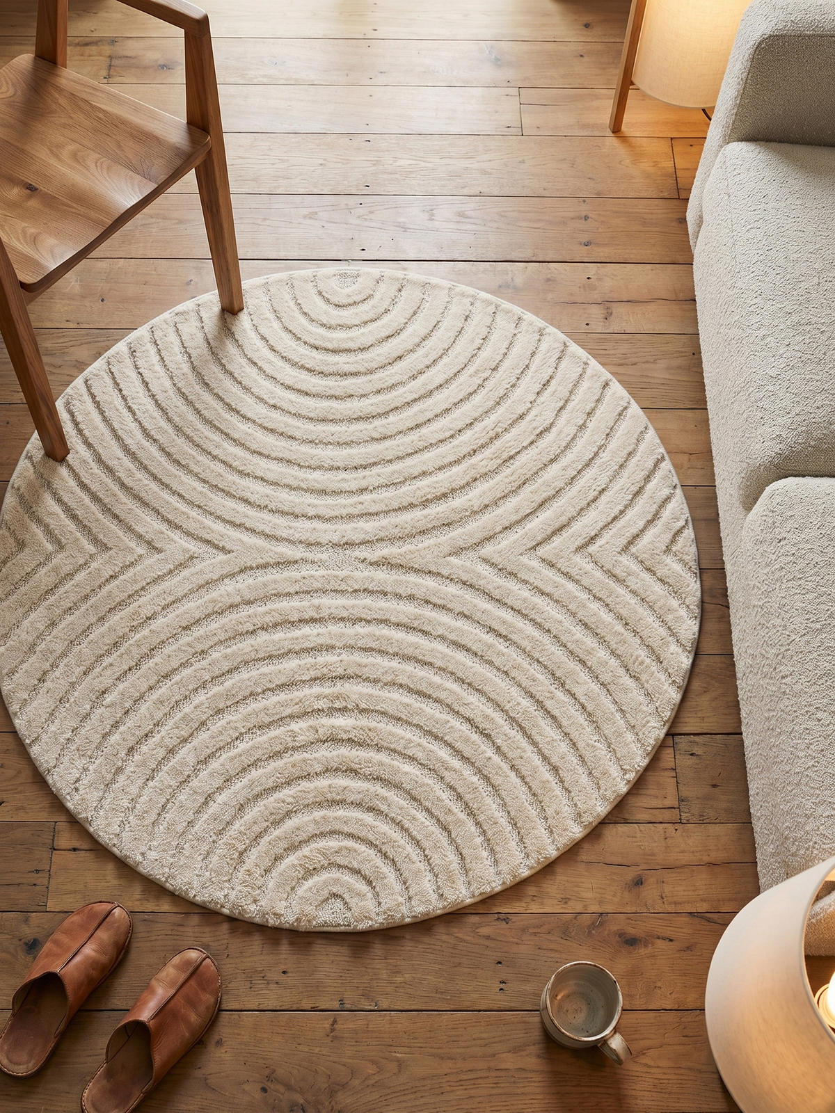 TEPPICH Wohnzimmer Hoch-Tief 3D-Effekt Organische Bögen mit 3D-Effekt OEKO-TEX 3D-Relief Boho Rund Creme 200x200 – RIGI - Creme, Textil (200/200cm) - KADIMA DESIGN